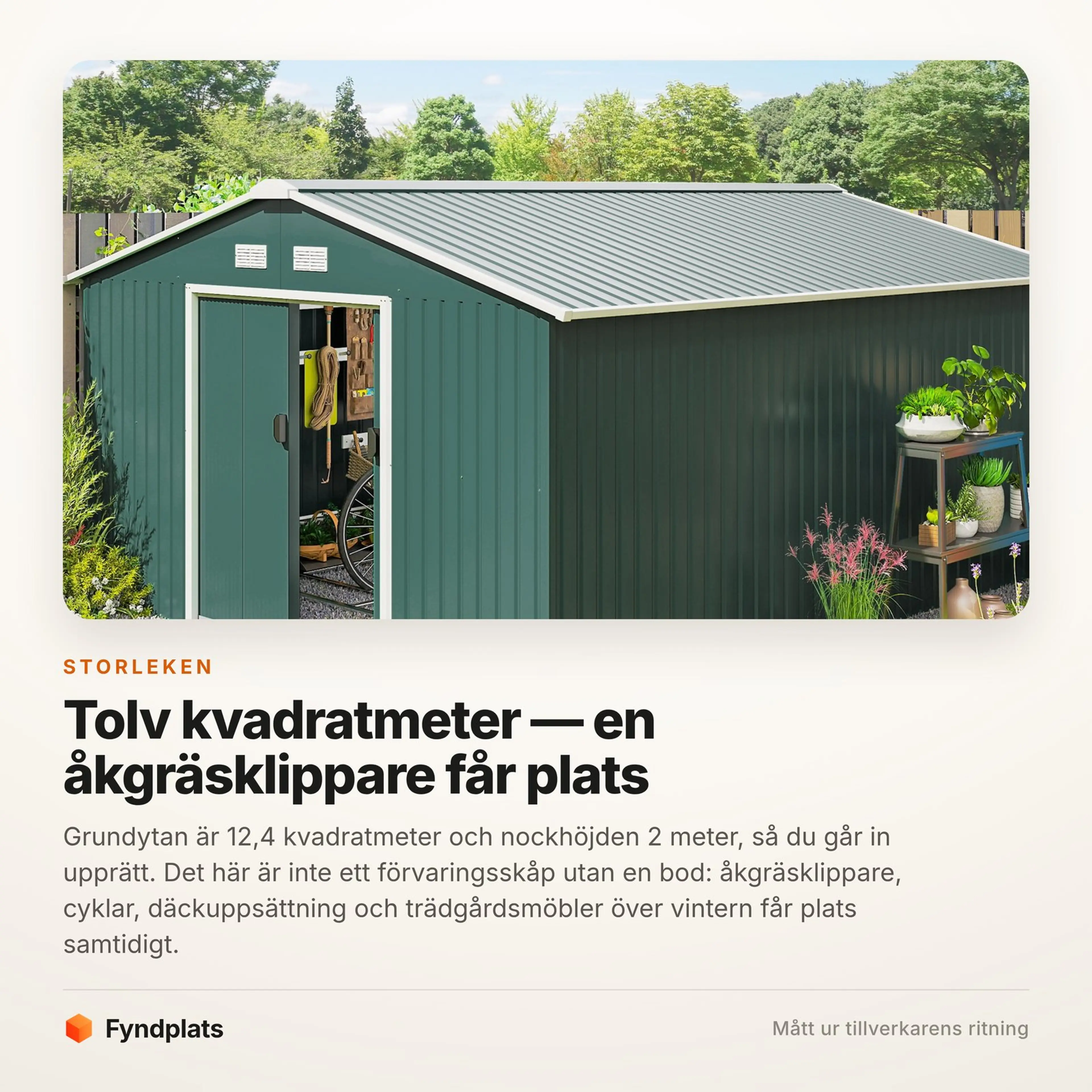 Fyndplats faktakort: 12,4 kvadratmeter rymmer en åkgräsklippare