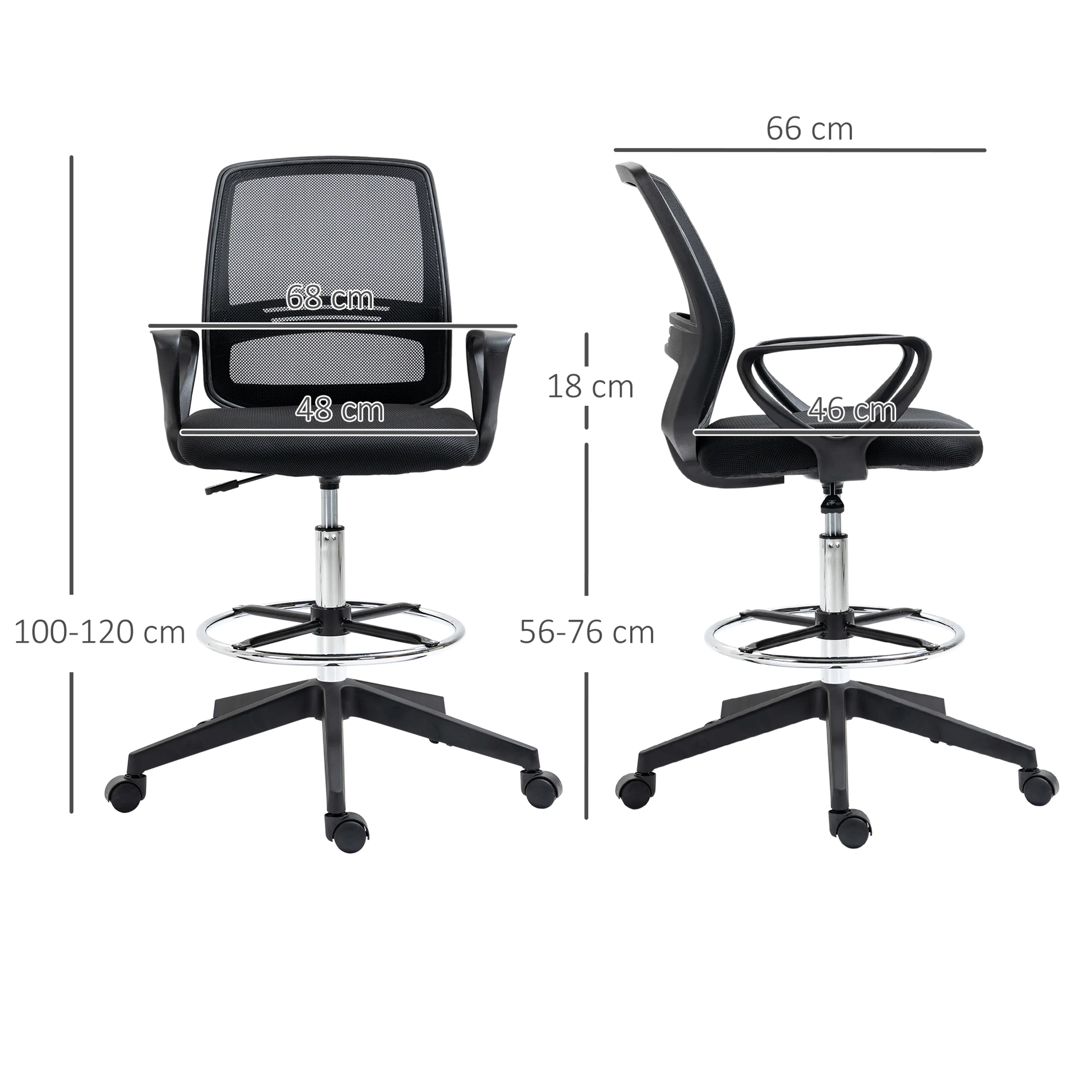 Måttritning med bredd 68 cm, djup 66 cm, höjd 100–120 cm och sitthöjd 56–76 cm