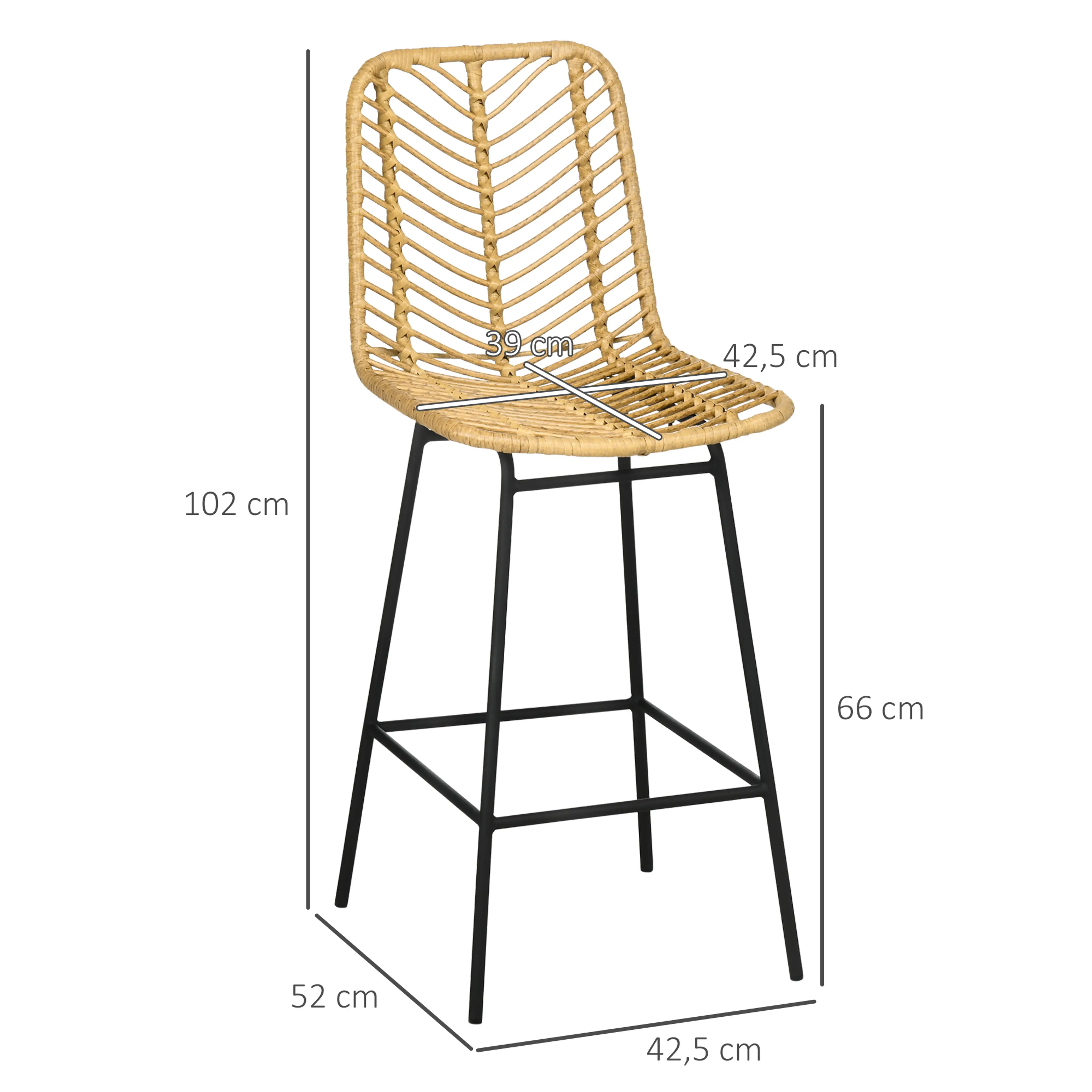 Måttskiss: 42,5 cm bred, 52 cm djup, 102 cm hög och sitthöjd 66 cm