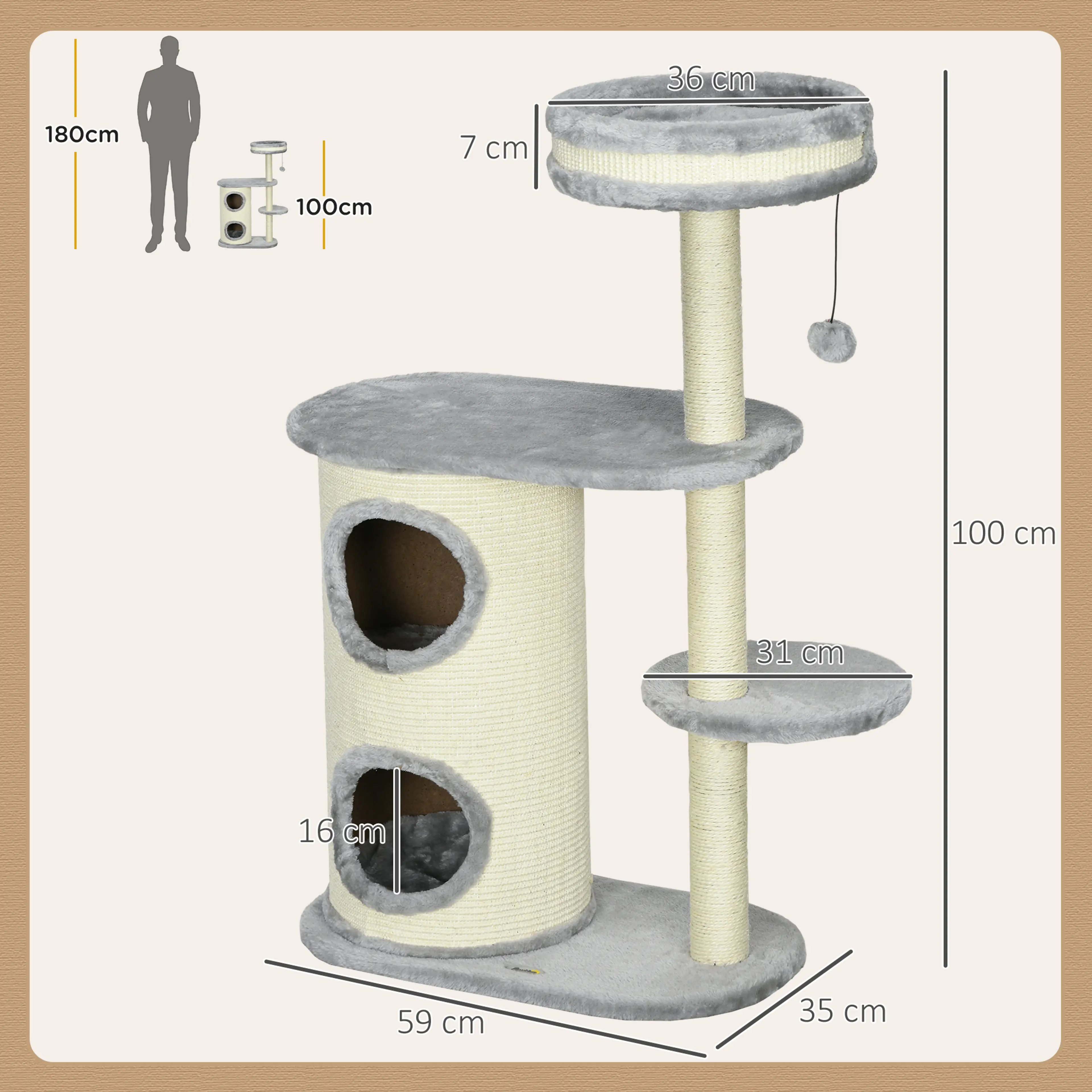 Måttskiss: 59 × 35 cm golvyta, 100 cm höjd, bädd 36 cm och ingång 16 cm, jämförd med en person på 180 cm