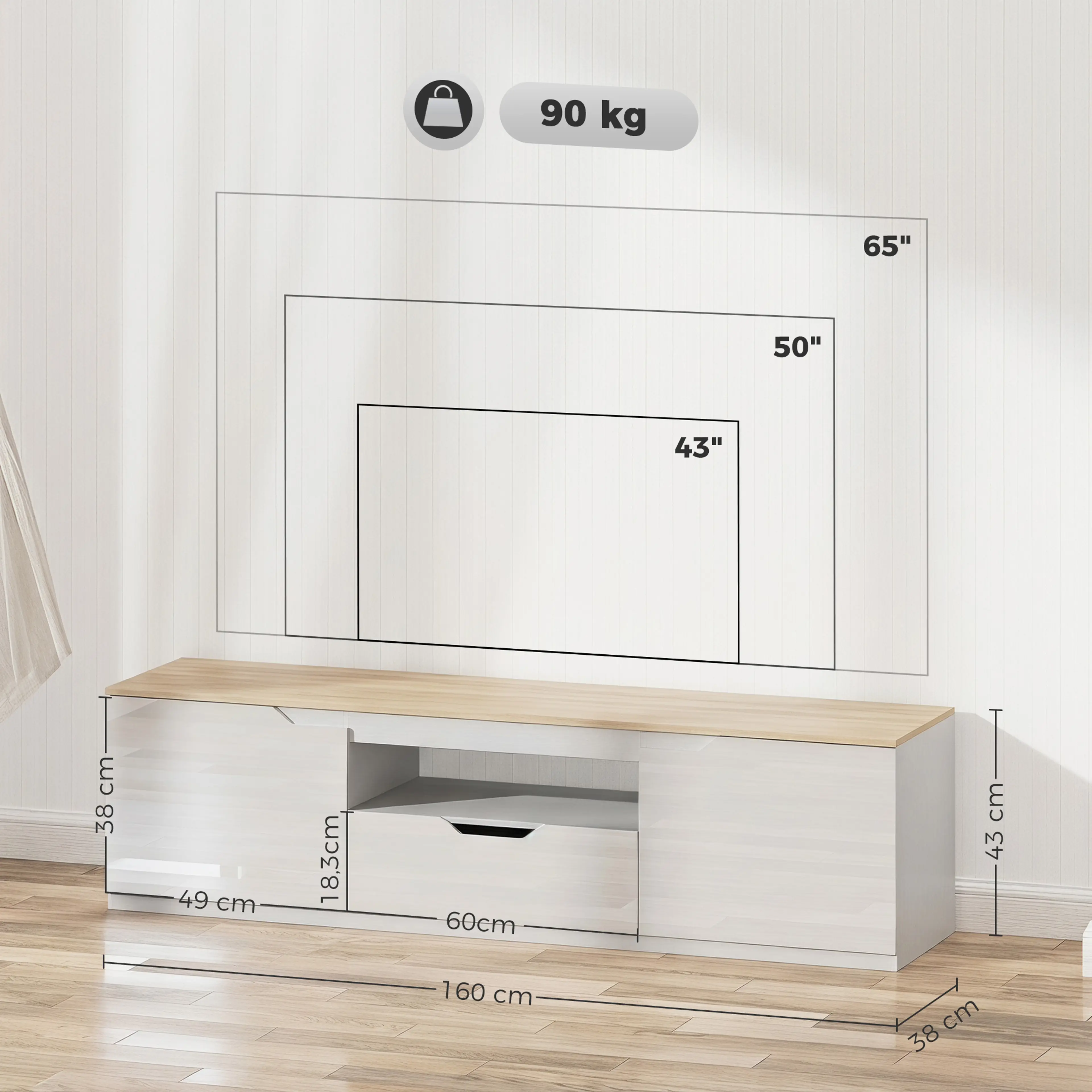 TV-bänk 160 cm högglans med ekskiva – bild 4