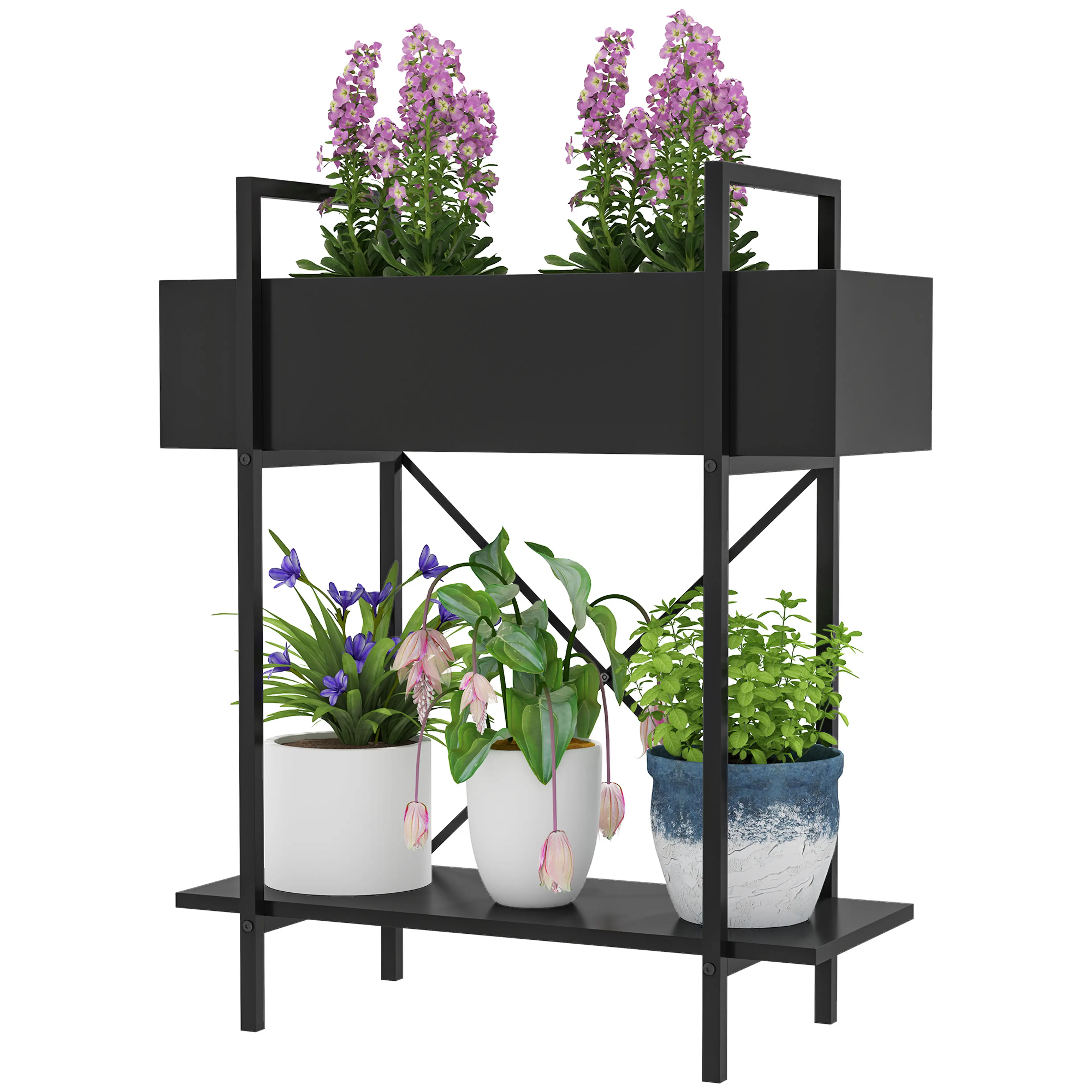 Växtställ 60 cm i svart metall med tråg och hylla