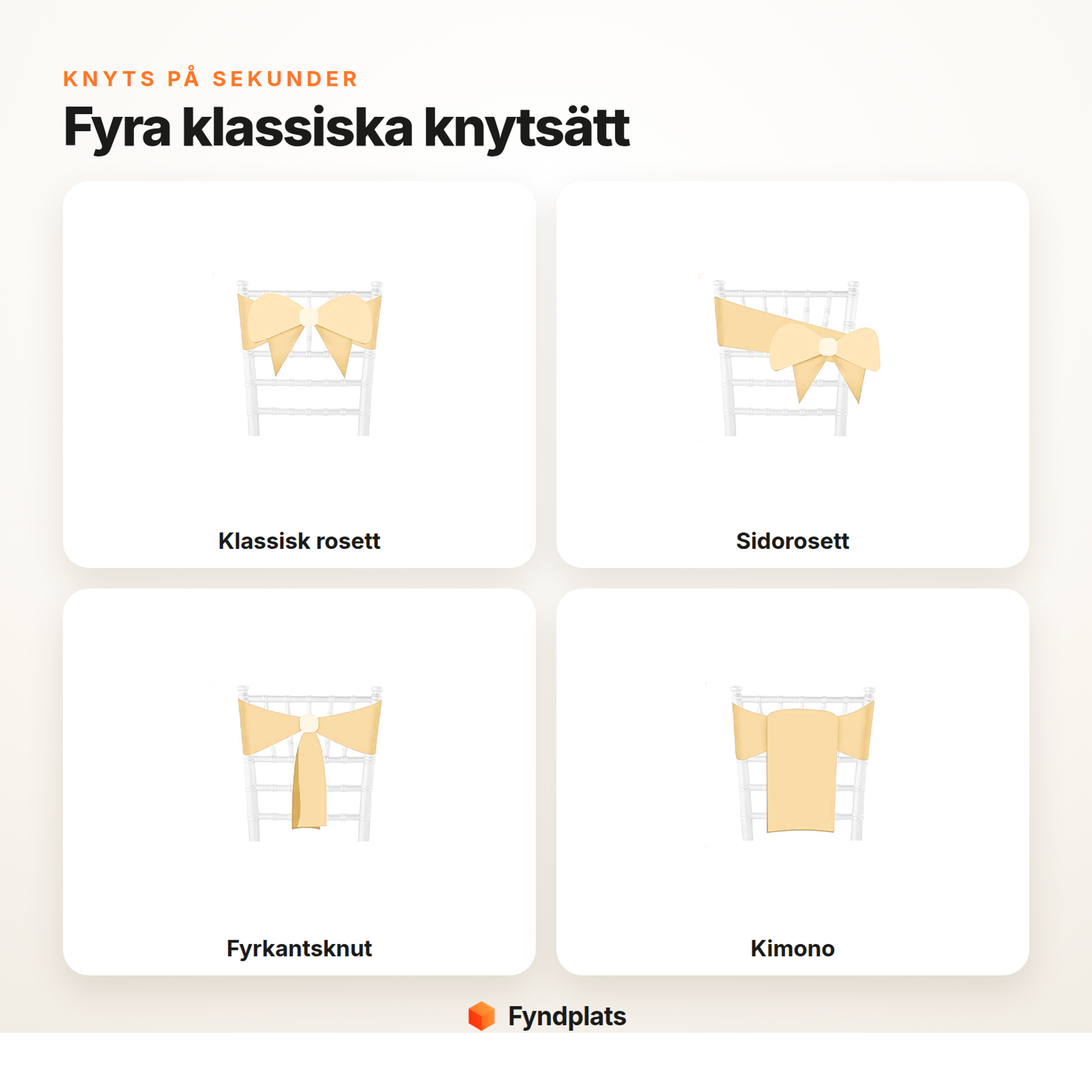 Fyra klassiska knytsätt för stolband: klassisk rosett, sidorosett, fyrkantsknut och kimono
