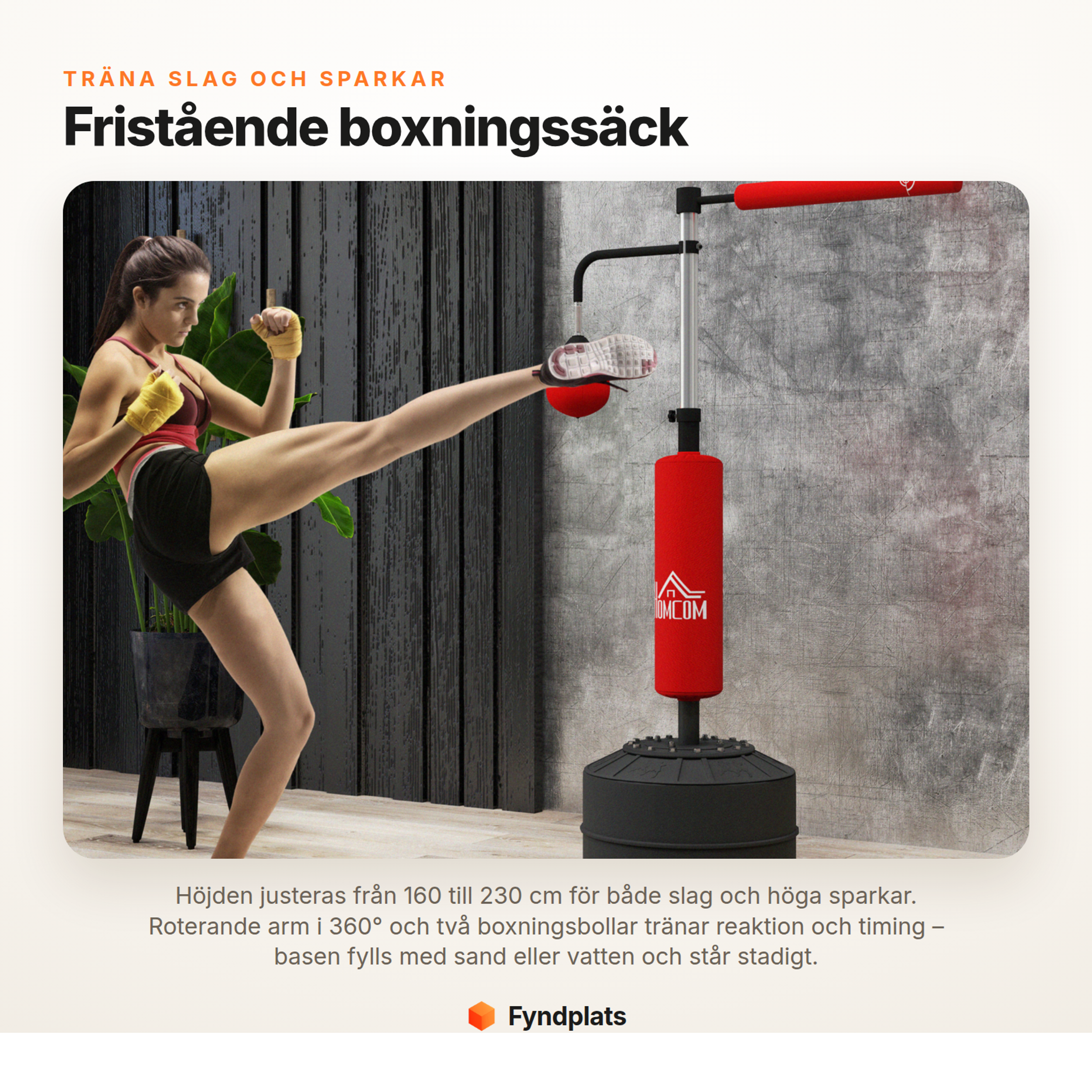 Fyndplats – fristående boxningssäck 160–230 cm med 360° roterande arm och två boxningsbollar