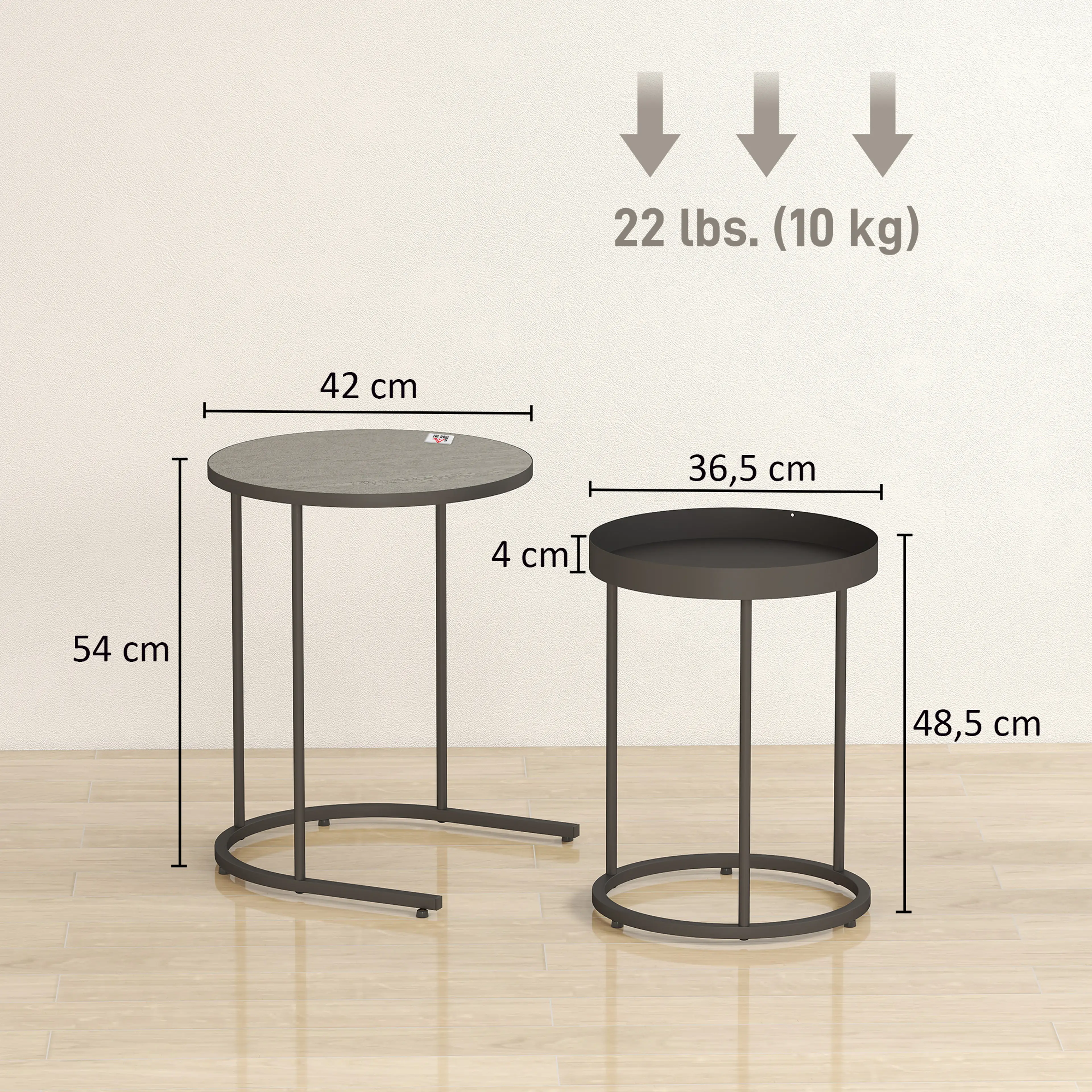 Måttbild: det stora bordet är Ø42 × 54 cm och det lilla Ø36,5 × 48,5 cm med 4 cm hög kant