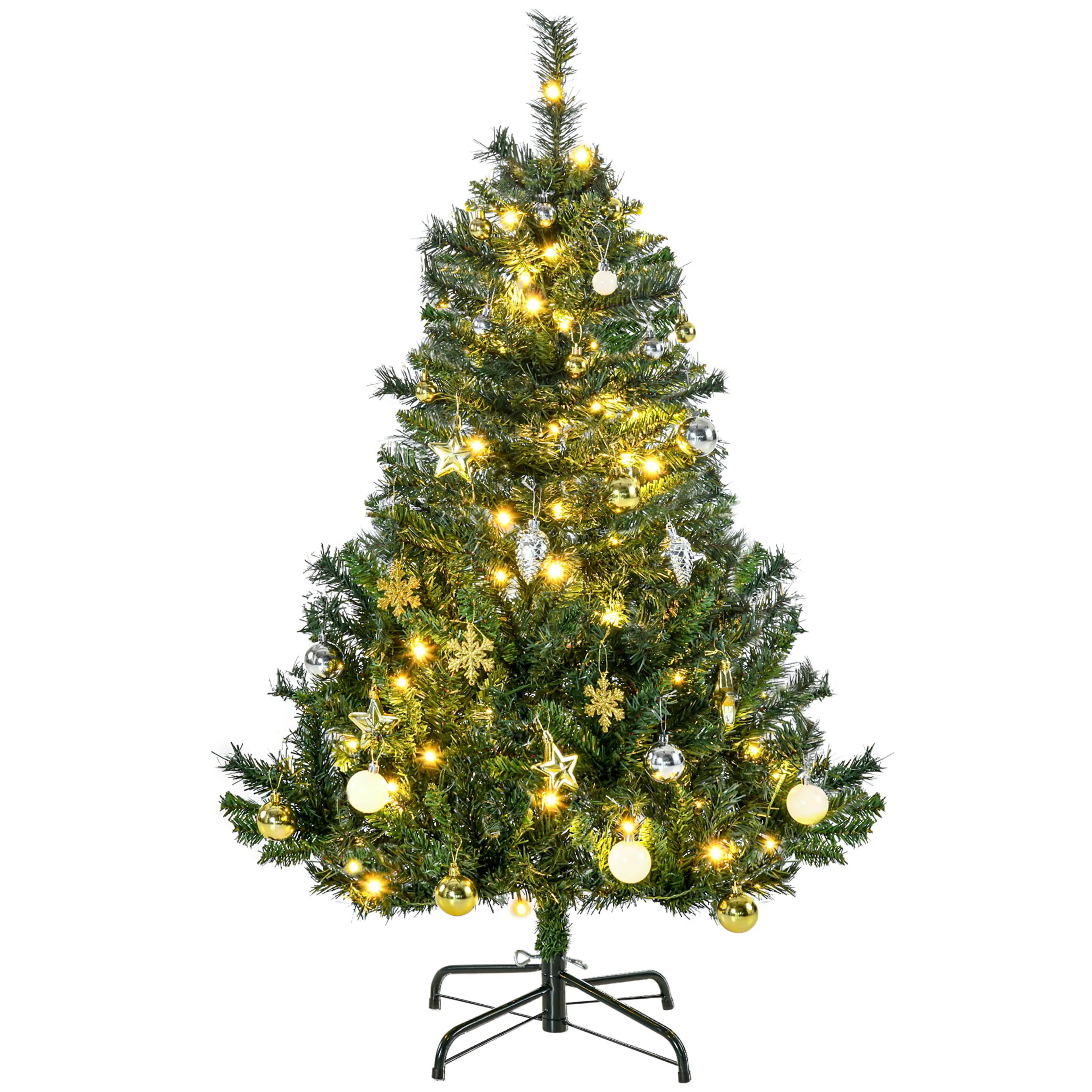 Grön julgran på 120 cm med varmvita ljus och julkulor i guld, silver och vitt, på vit bakgrund