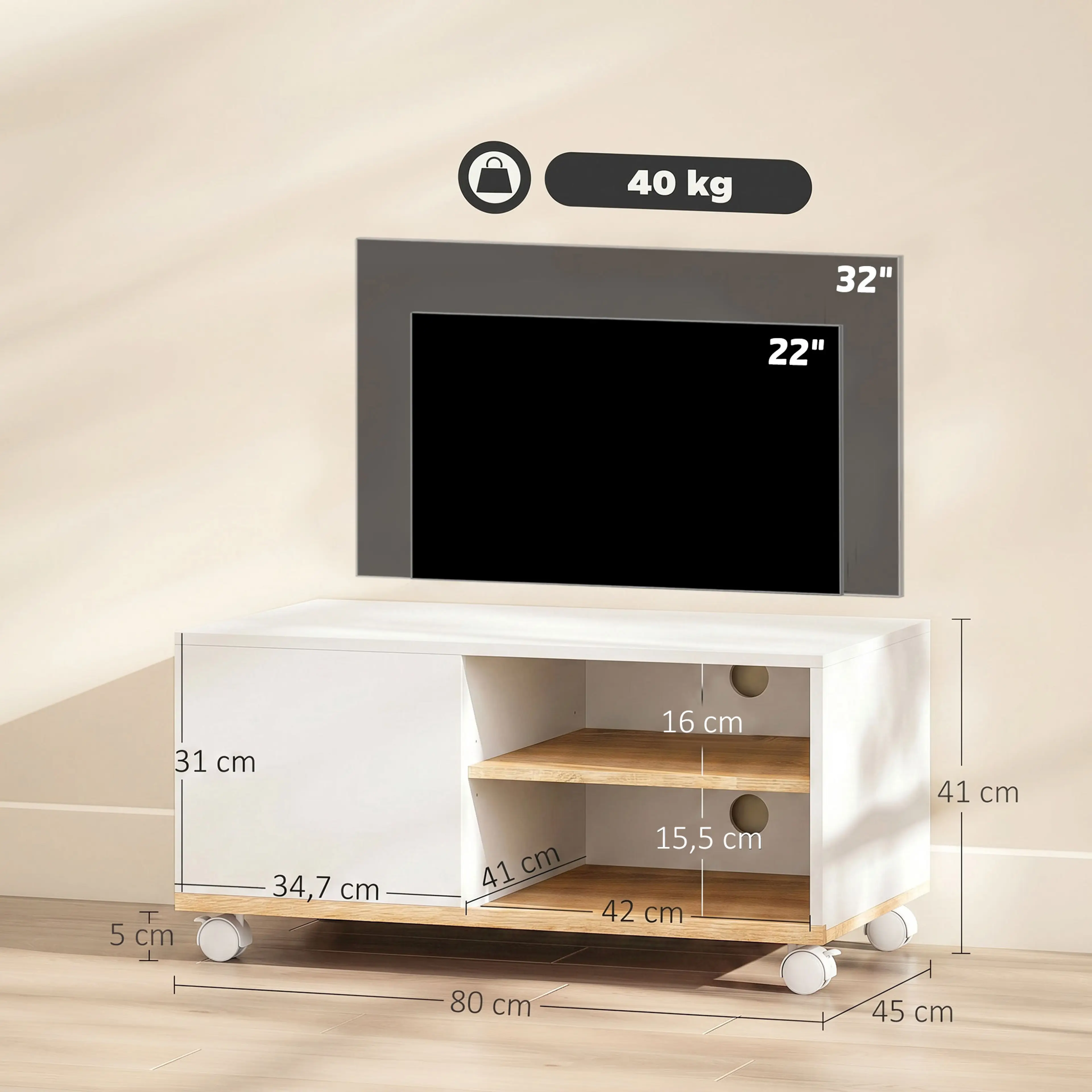 TV-bänk på hjul 80 cm, vit – bild 4