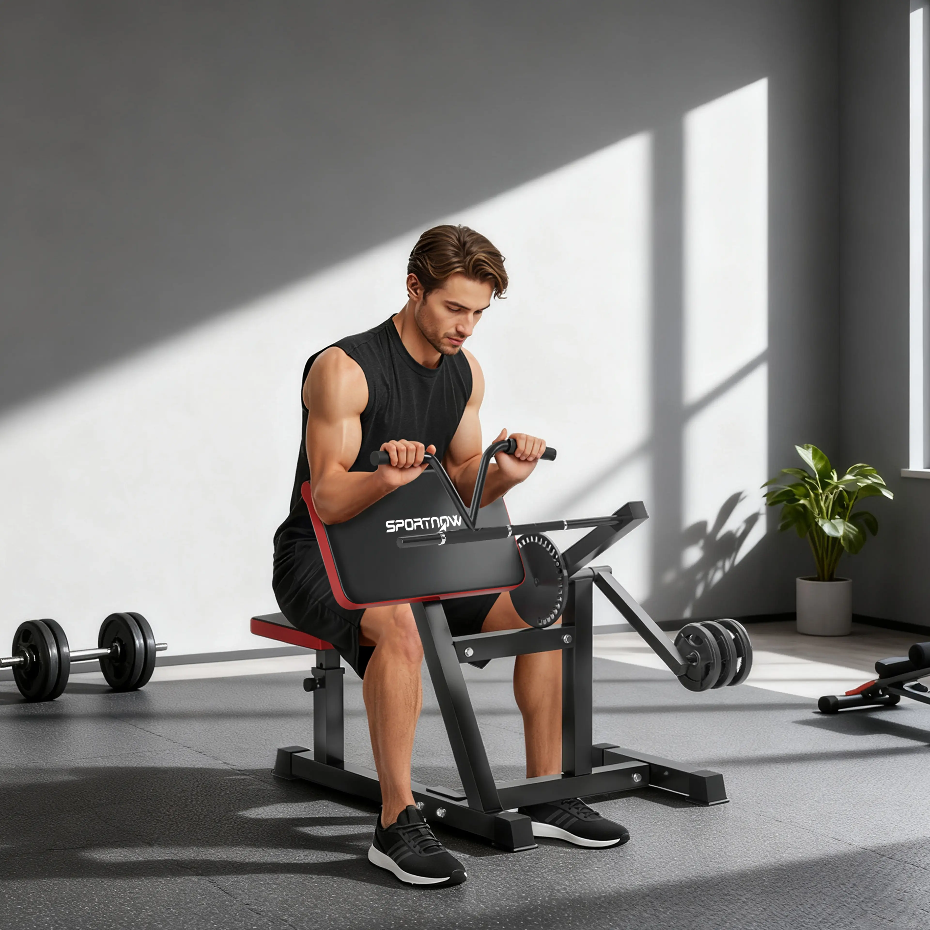 Man tränar biceps på scottbänken i ett hemmagym