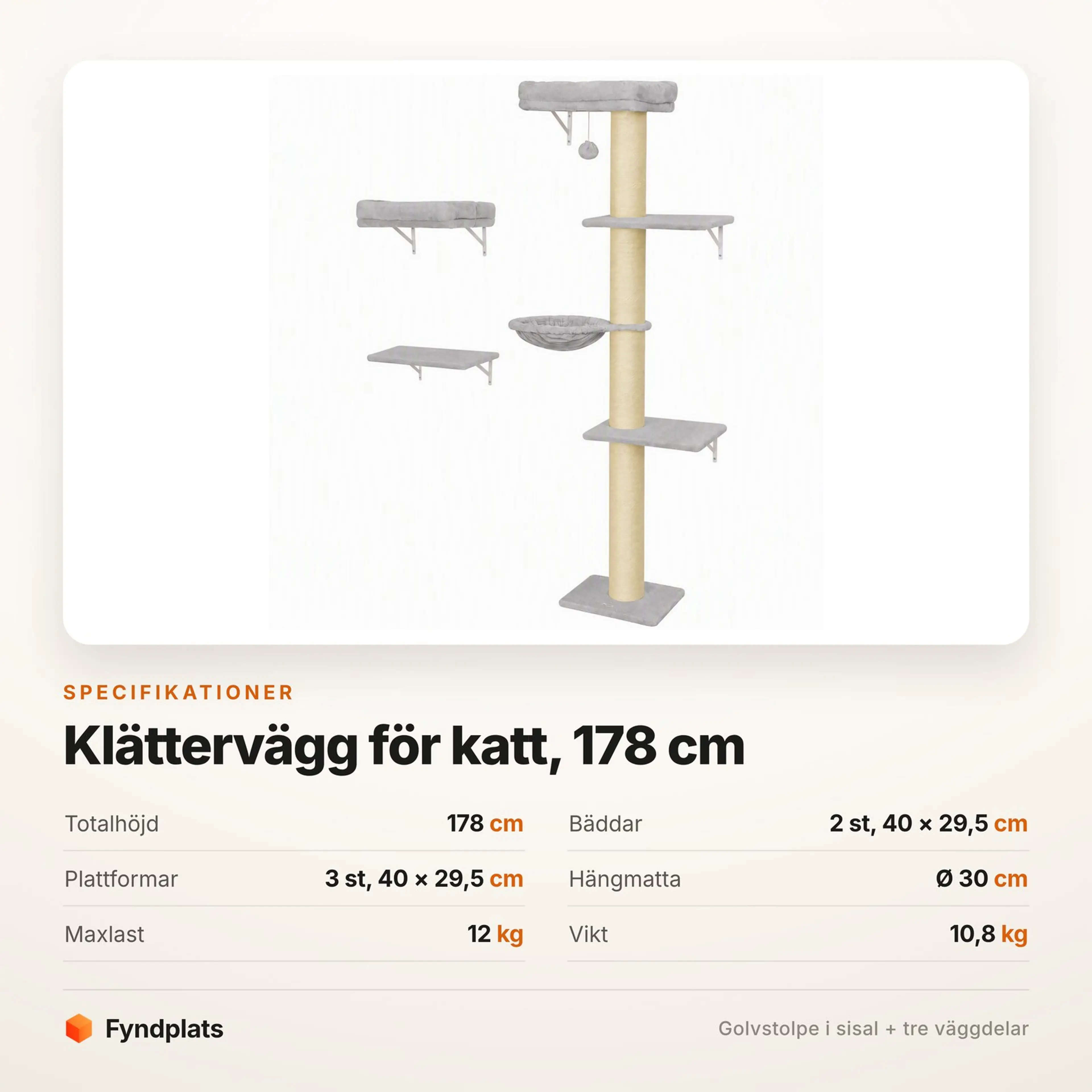Specifikationskort för klätterväggen: 178 cm höjd, två bäddar, tre plattformar och maxlast 12 kg