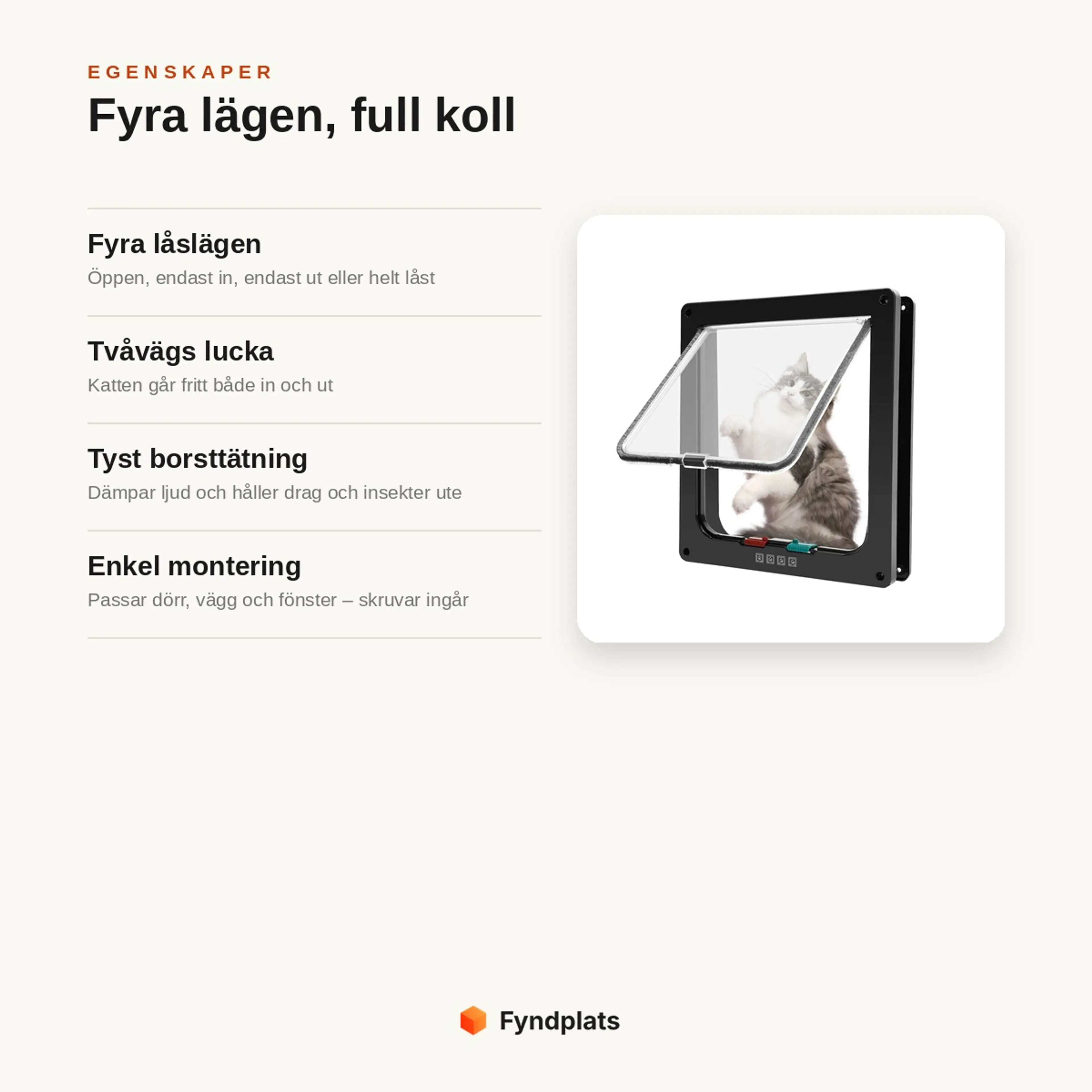 Egenskaper: fyra låslägen, tvåvägs lucka, tyst borsttätning och enkel montering