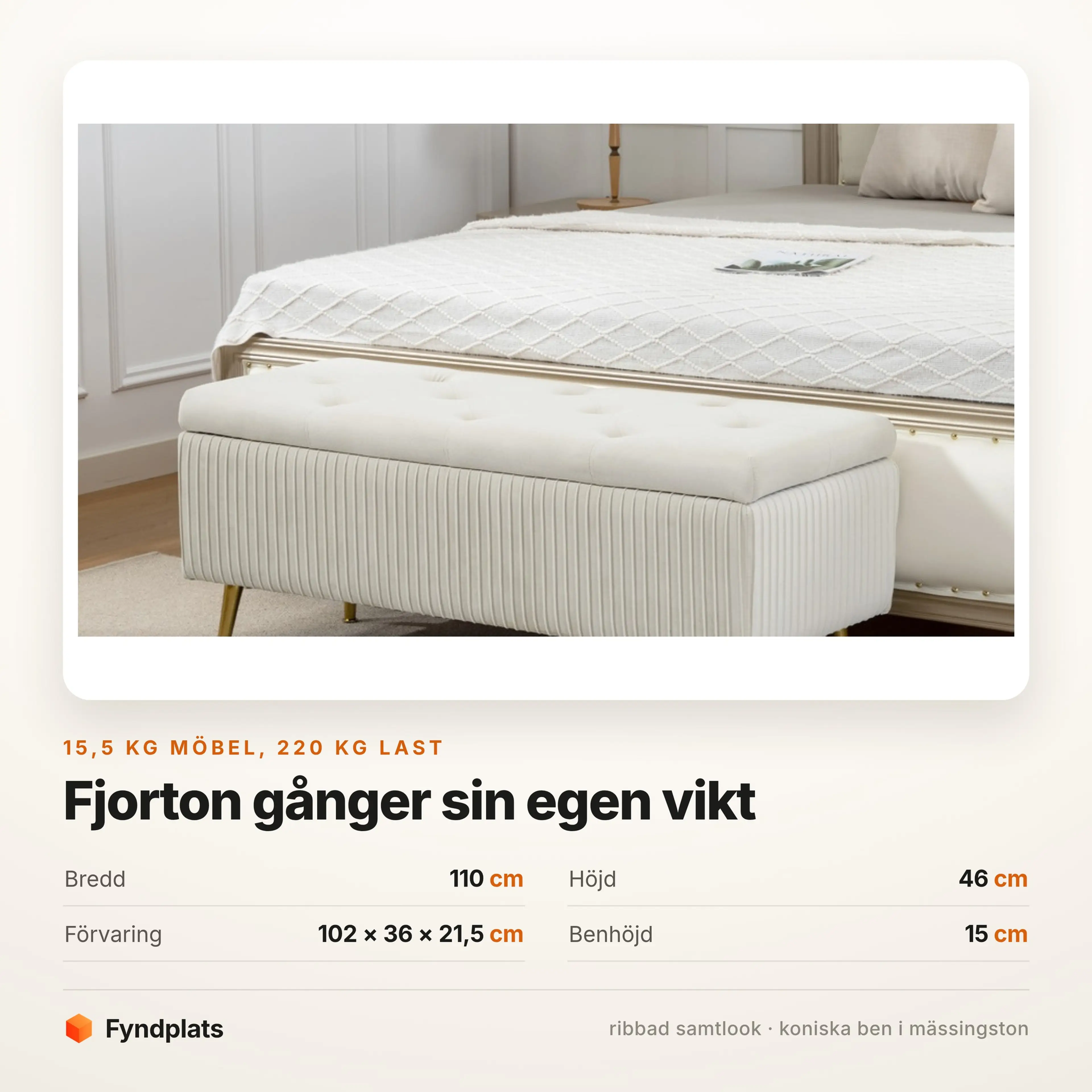 Förvaringsbänk 110 cm med mässingsfärgade ben – bild 3
