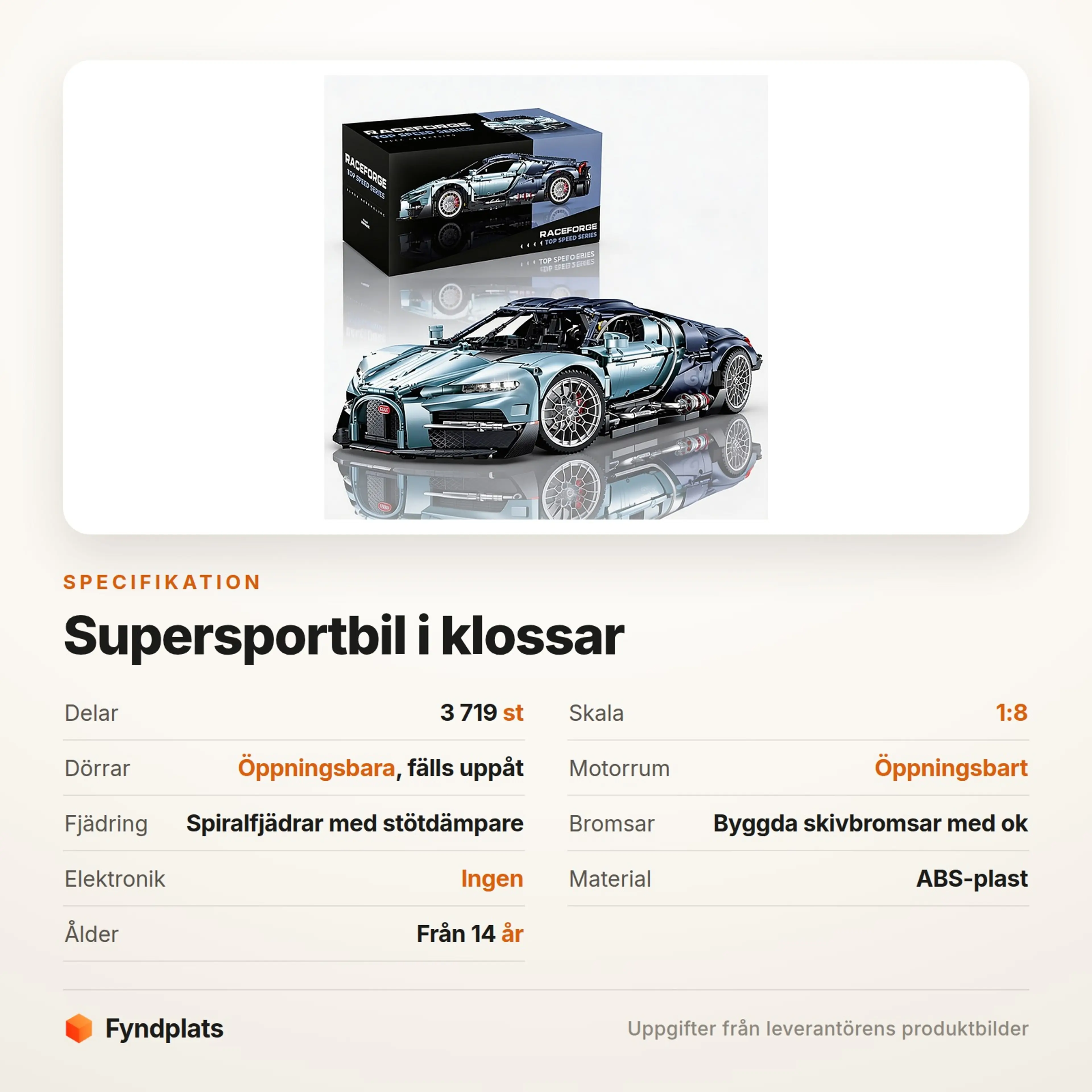Fyndplats-kort med specifikationer: 3 719 delar, skala 1:8, öppningsbara dörrar och byggd fjädring