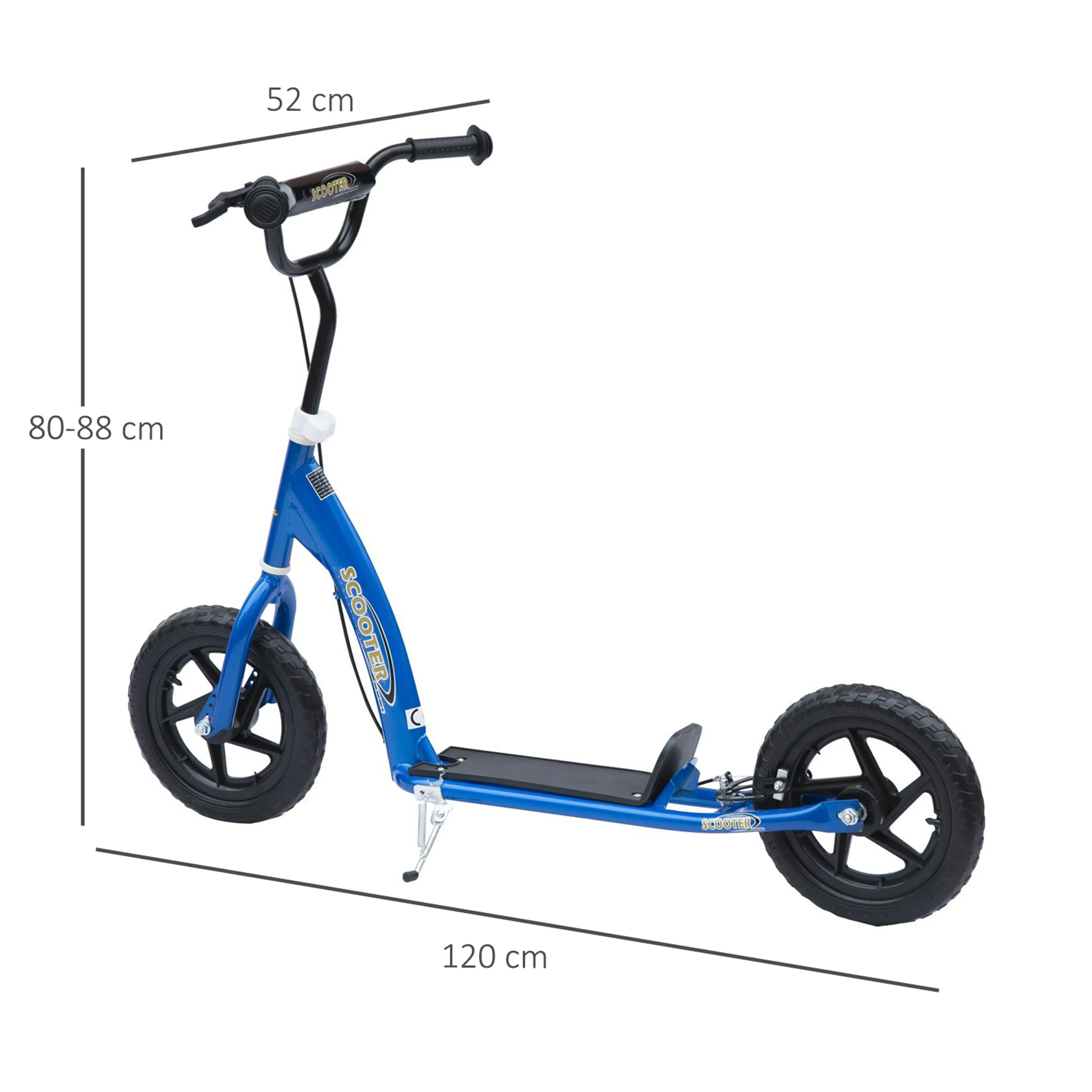 Måttritning för sparkcykel: 120 cm lång, 52 cm bred, styre 80–88 cm