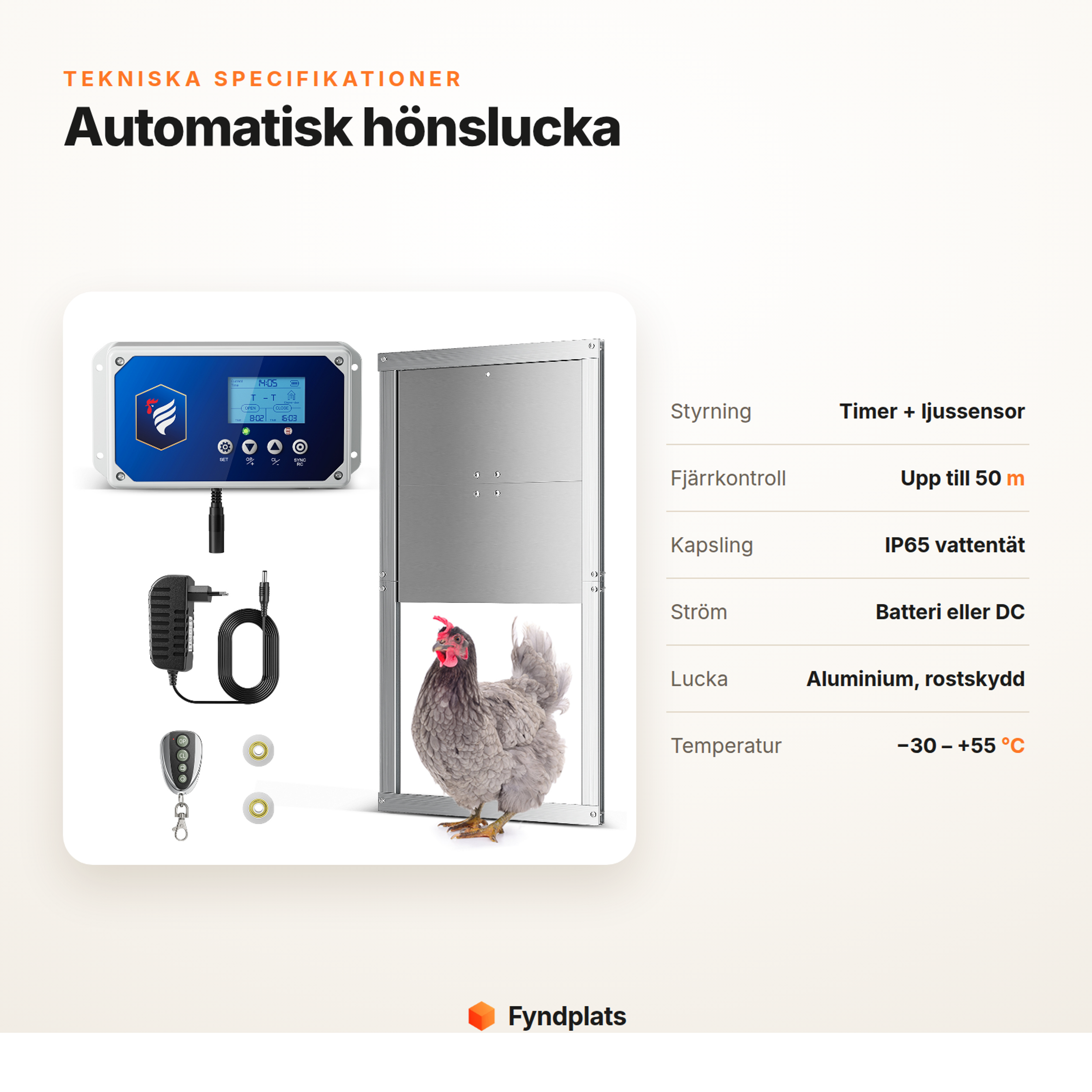 Specifikationer för automatisk hönslucka: timer, ljussensor, IP65, fjärrkontroll upp till 50 m