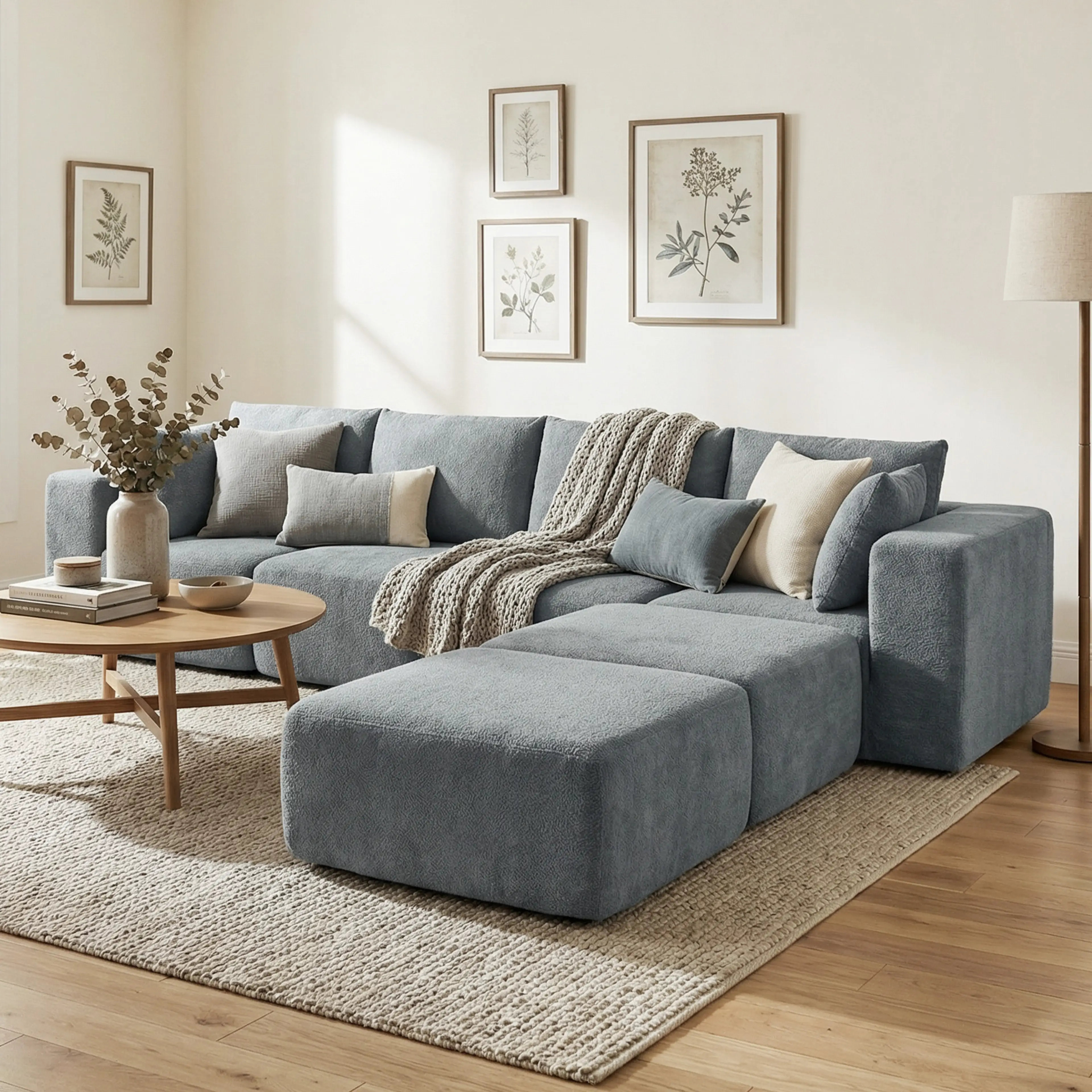 Modulsoffan ställd som en L-soffa med fotpall i ett vardagsrum med pläd och kuddar