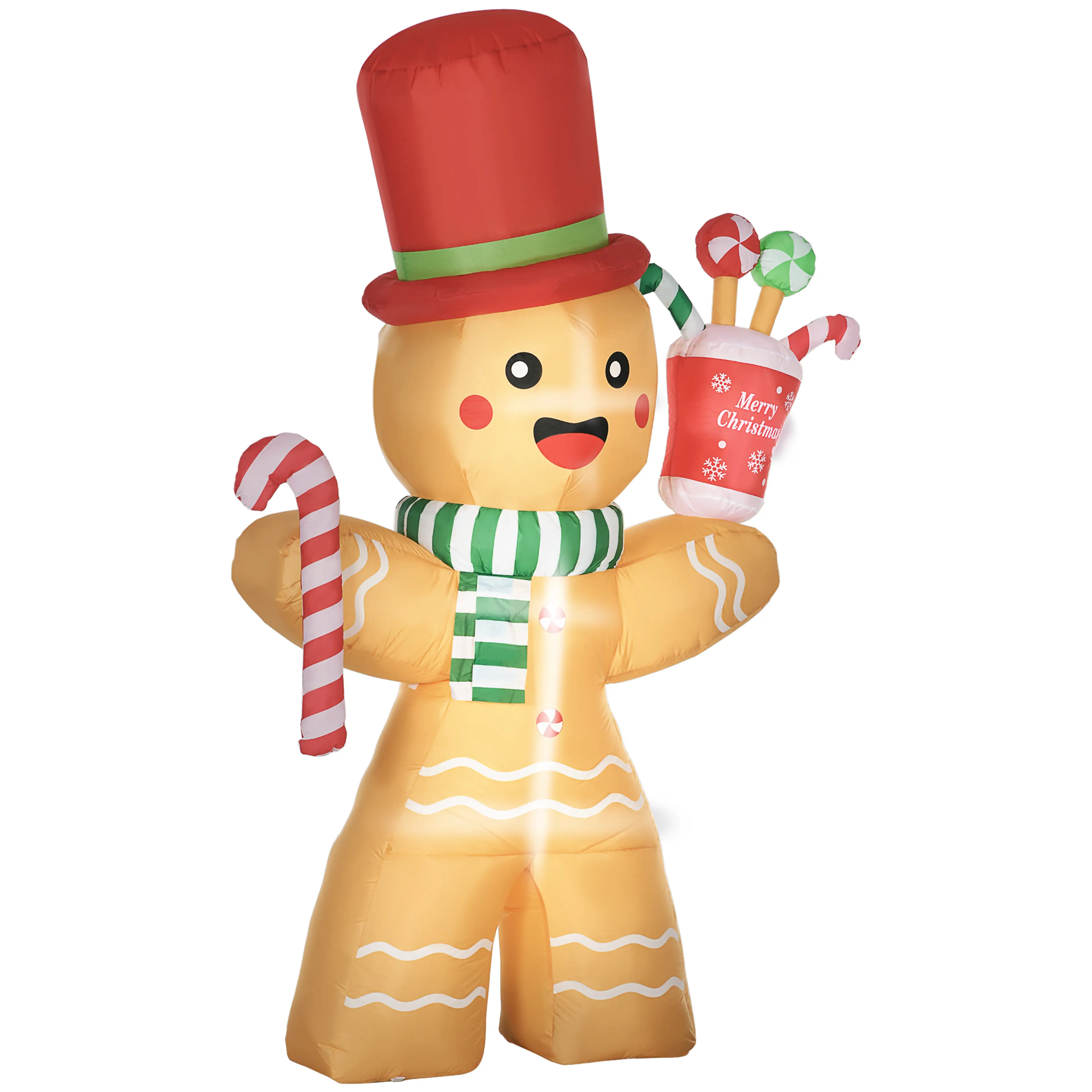 Uppblåsbar pepparkaksgubbe med röd hatt, kanelstrå och mugg