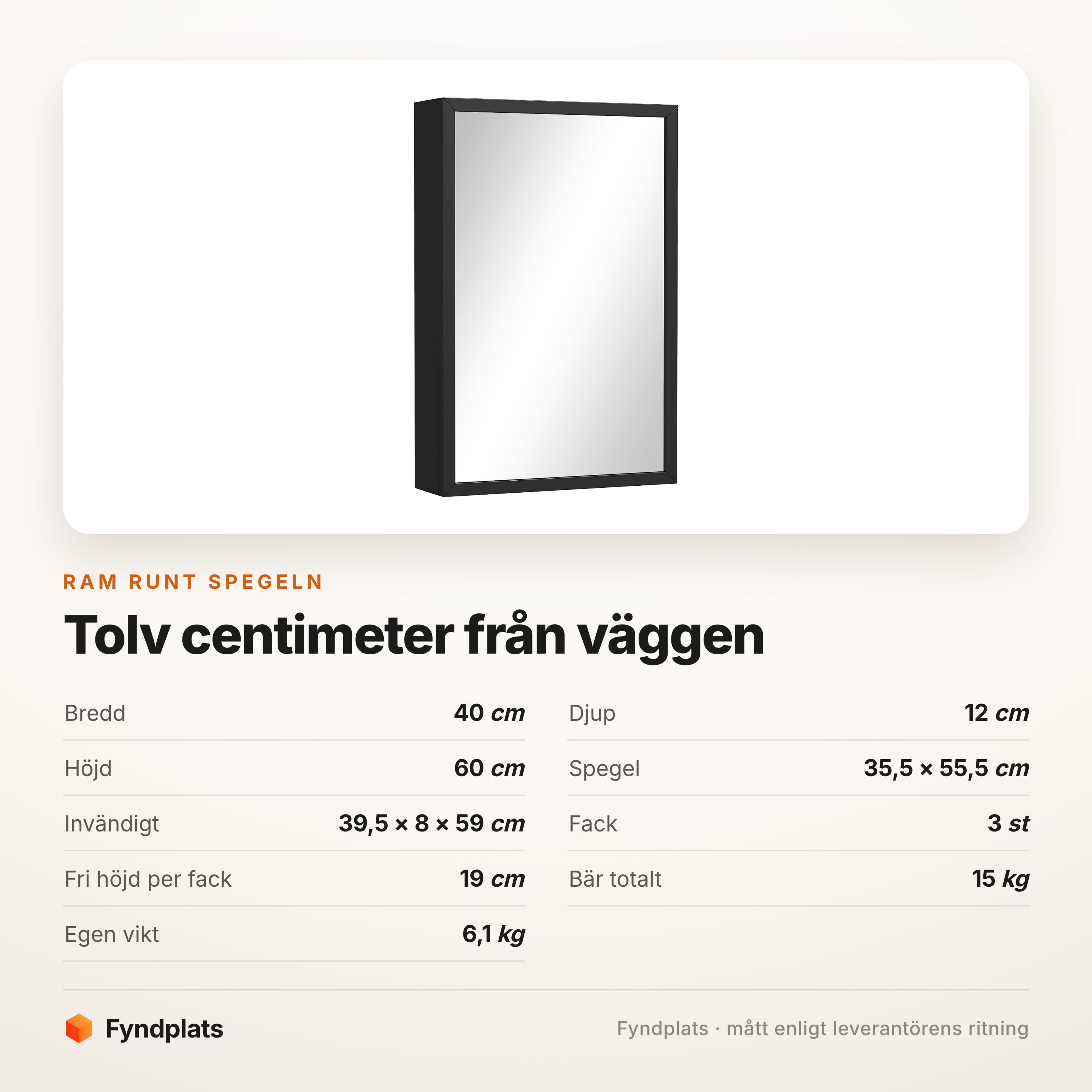Spegelskåp 40 × 60 cm med ram – svart, färdigmonterat – bild 5