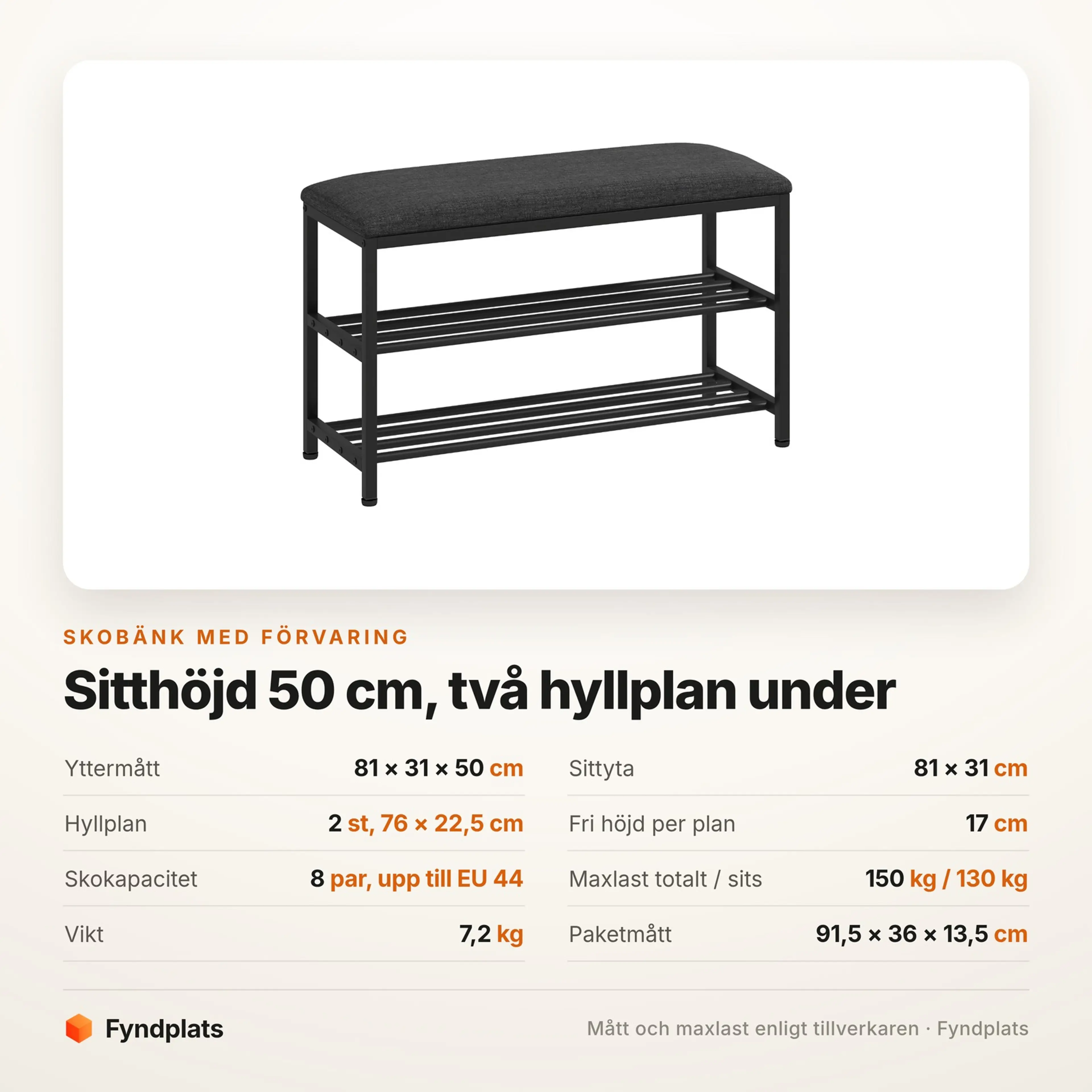 Spec-kort för skobänken: mått 81 × 31 × 50 cm, 8 par och 150 kg maxlast