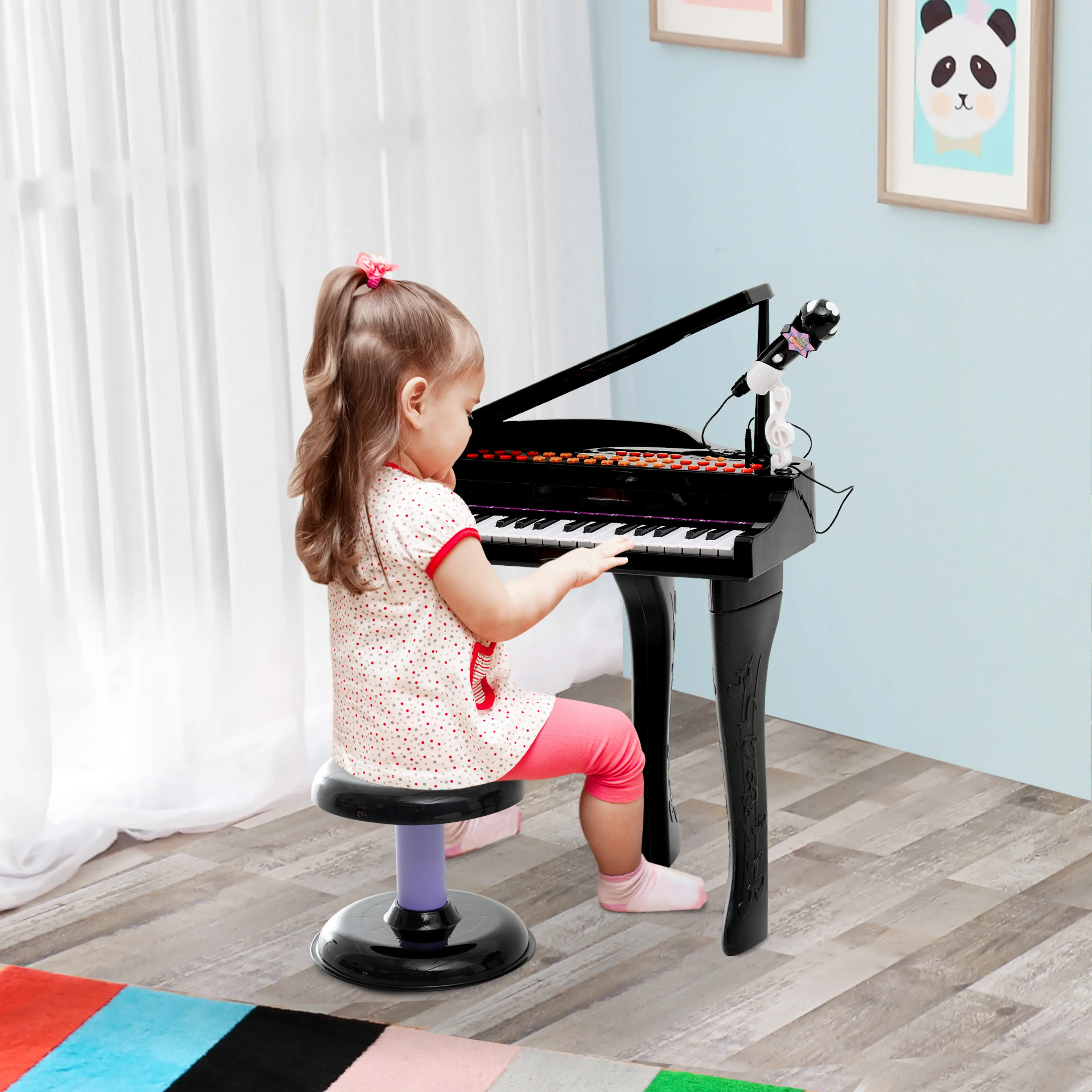 Barnpiano 37 tangenter med pall och mikrofon – leksakspiano med ljus, svart
