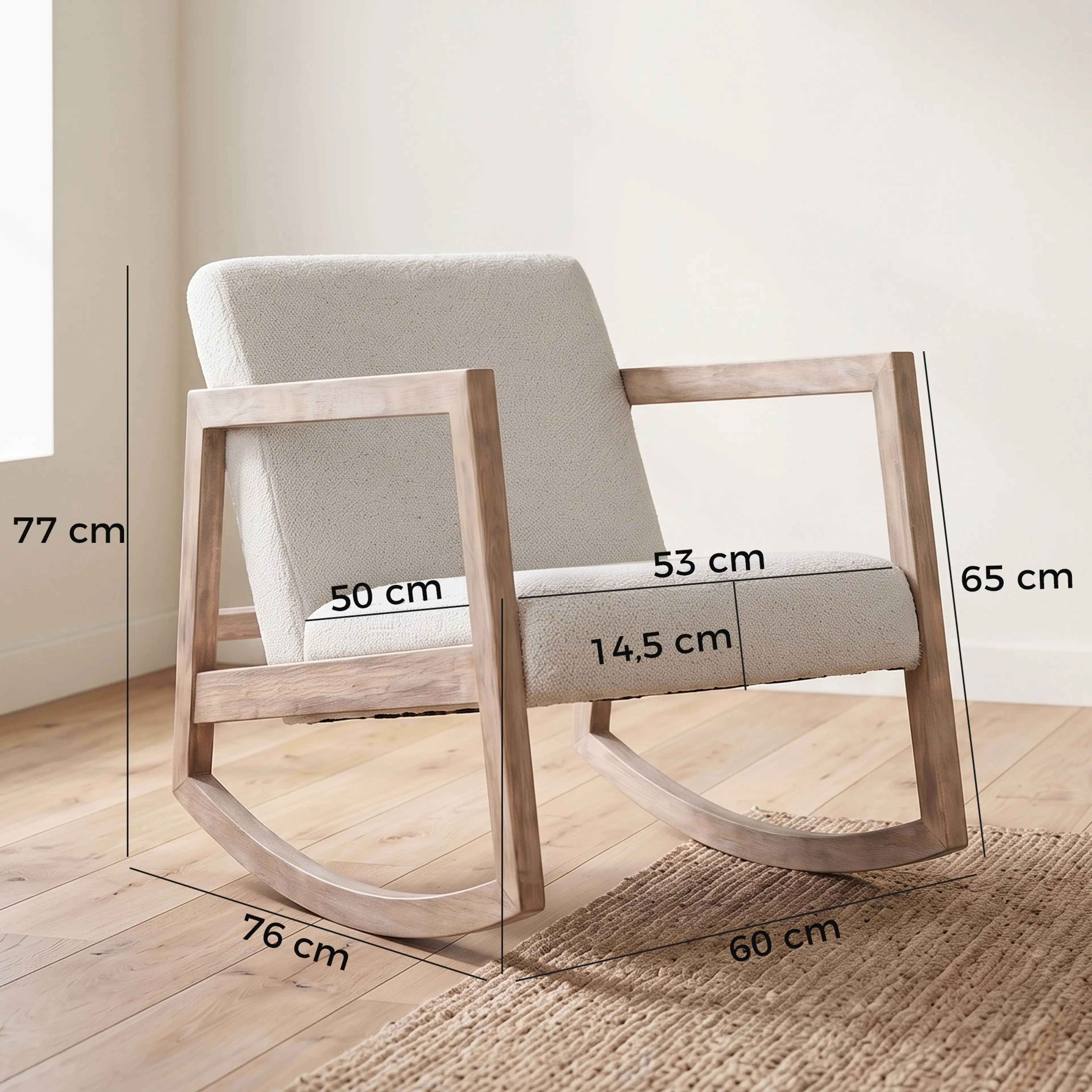 Måttritning med 60 × 76 × 77 cm och sitsens 53 × 50 cm
