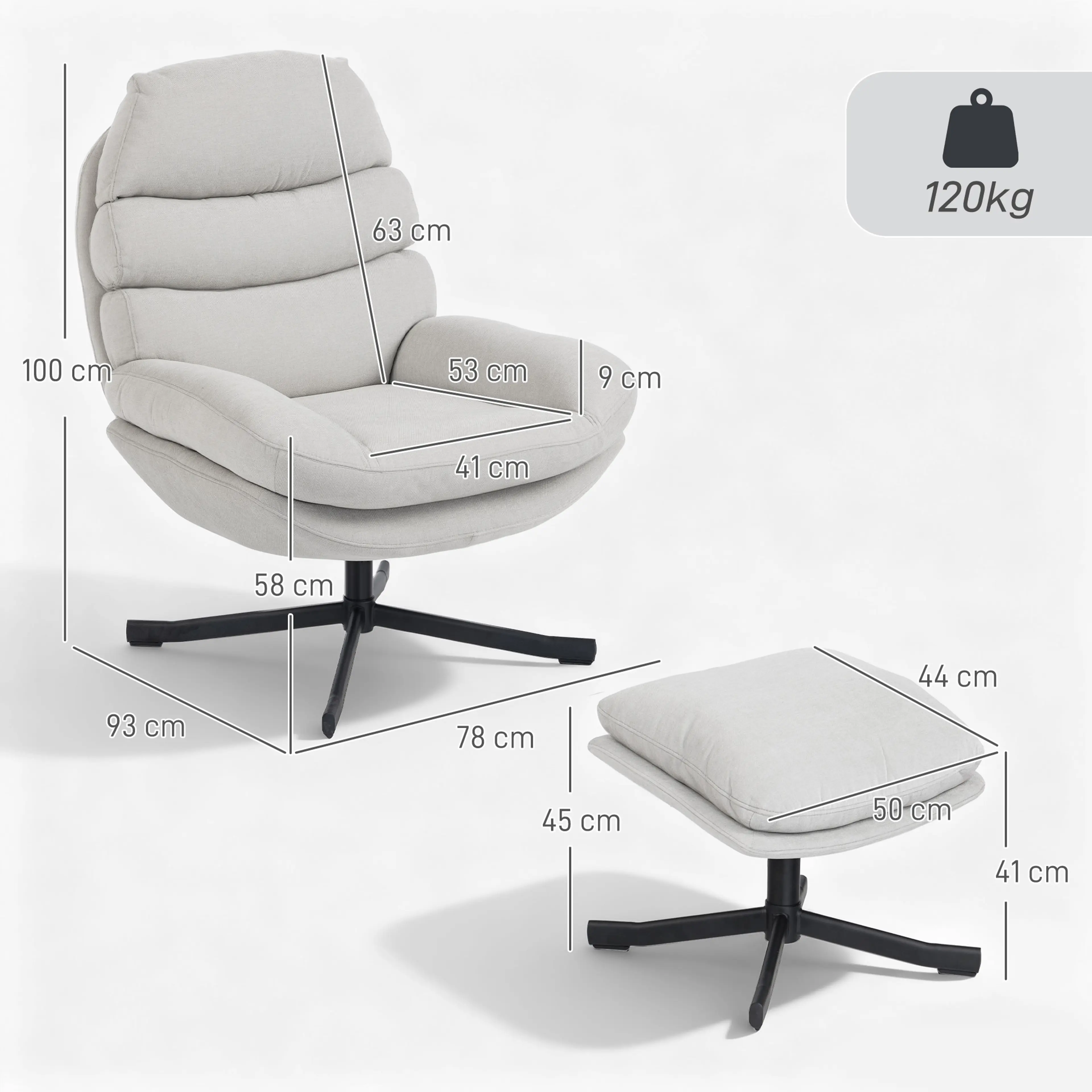 Loungefåtölj med fotpall i chenille, 360° snurrfot – ljusgrå – bild 6