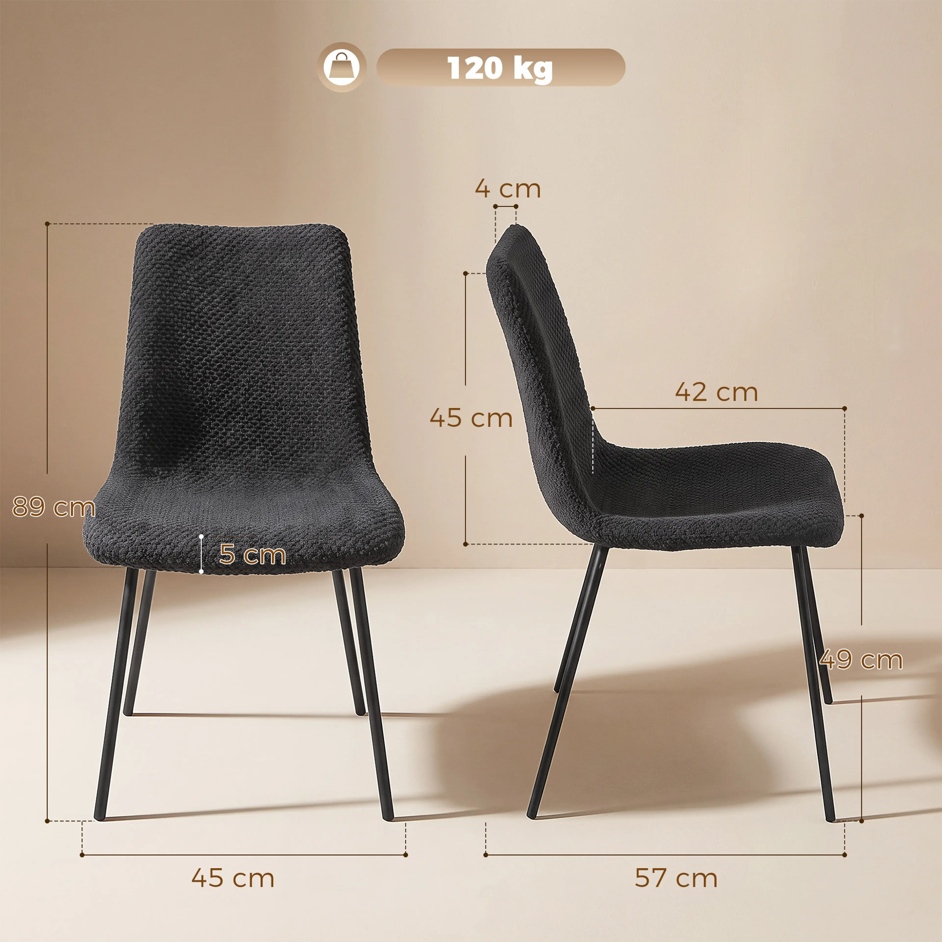 Måttbild: stolen mäter 45 × 57 × 89 cm, sitsen är 49 cm hög och 5 cm tjock och stolen bär 120 kg