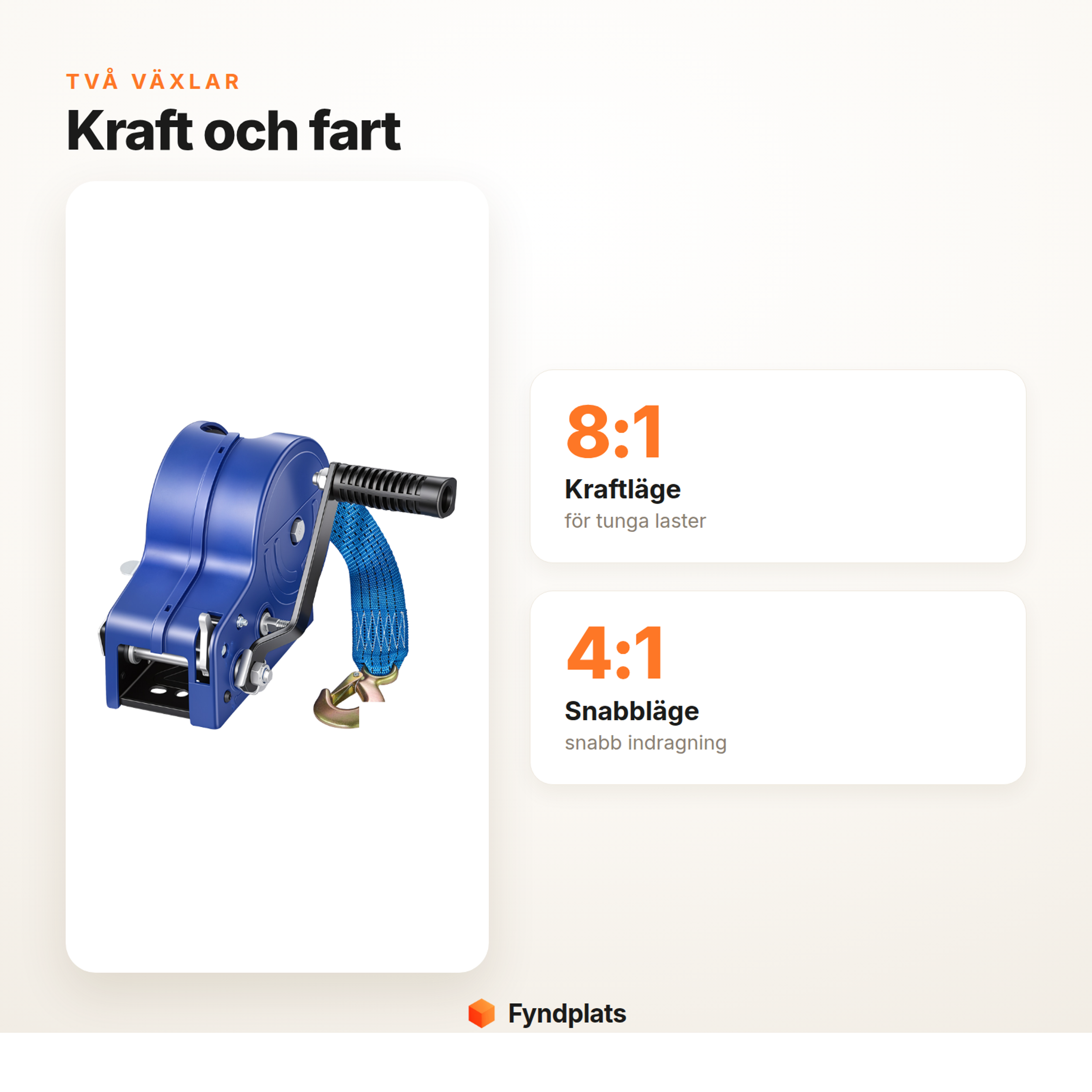 Handvinsch med två växlar: 8:1 kraftläge och 4:1 snabbläge
