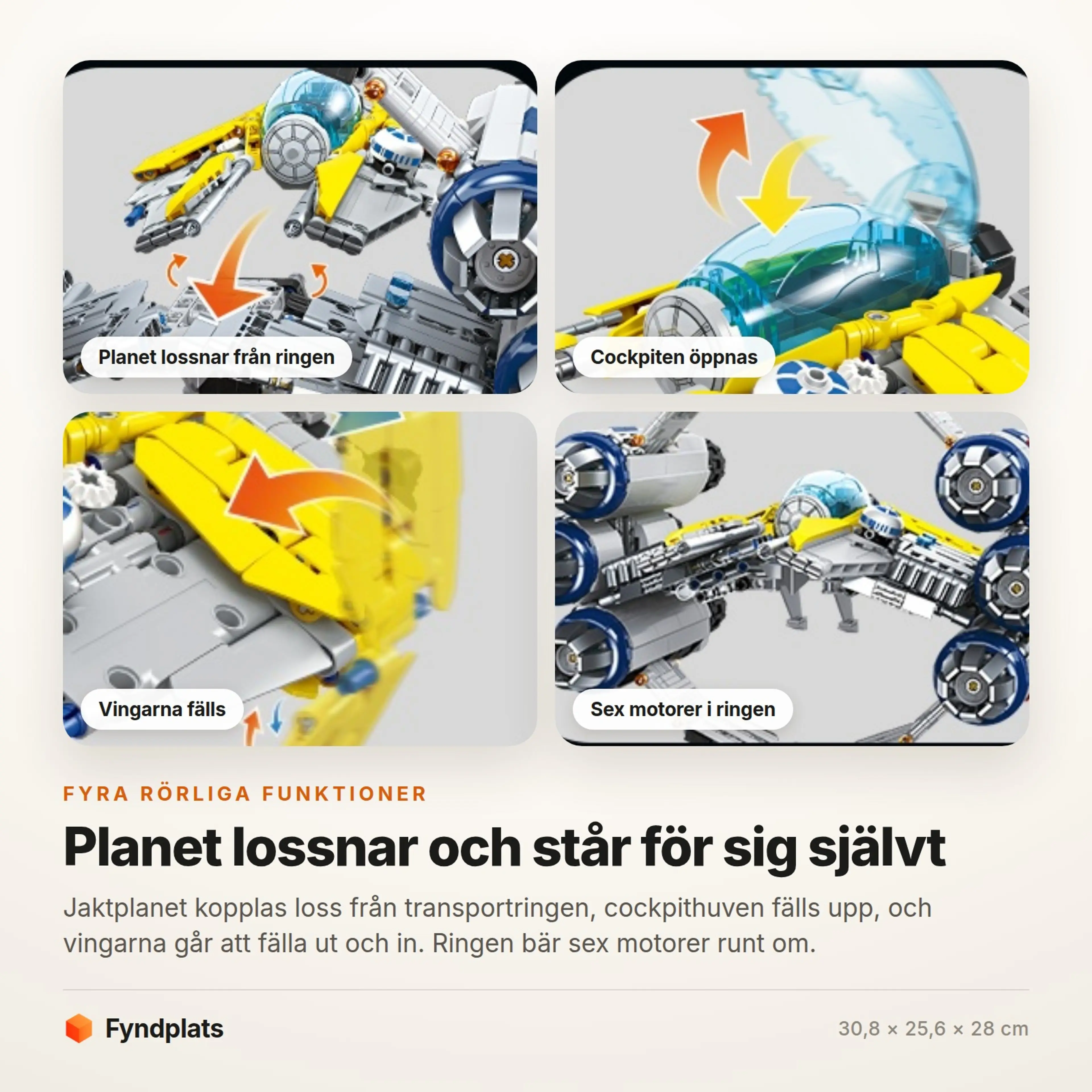 Fyndplats-kort: närbilder på hur planet lossnar, cockpithuven öppnas, vingarna fälls och ringens sex motorer