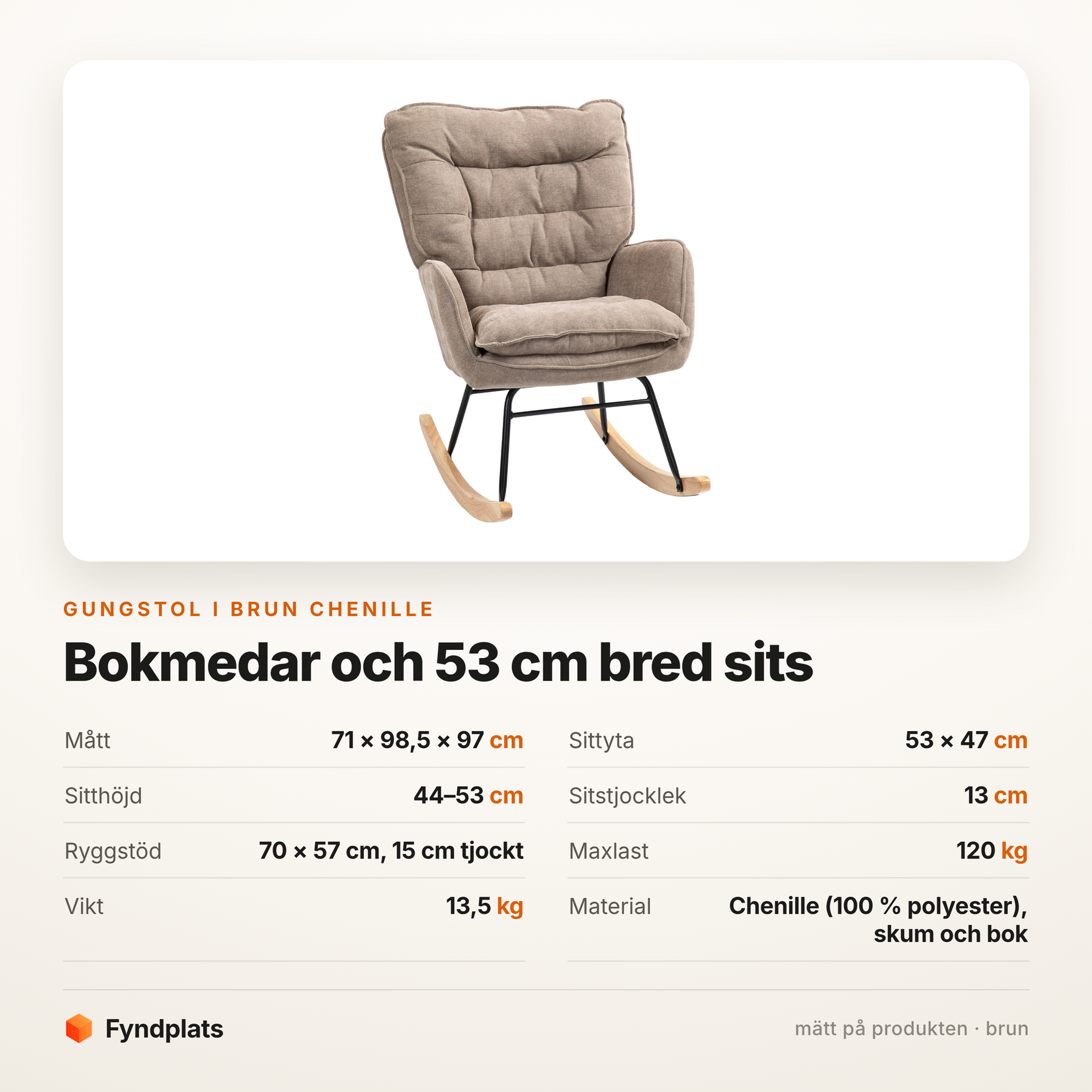 Faktakort: mått, sittyta, ryggstöd och maxlast för den bruna chenillegungstolen