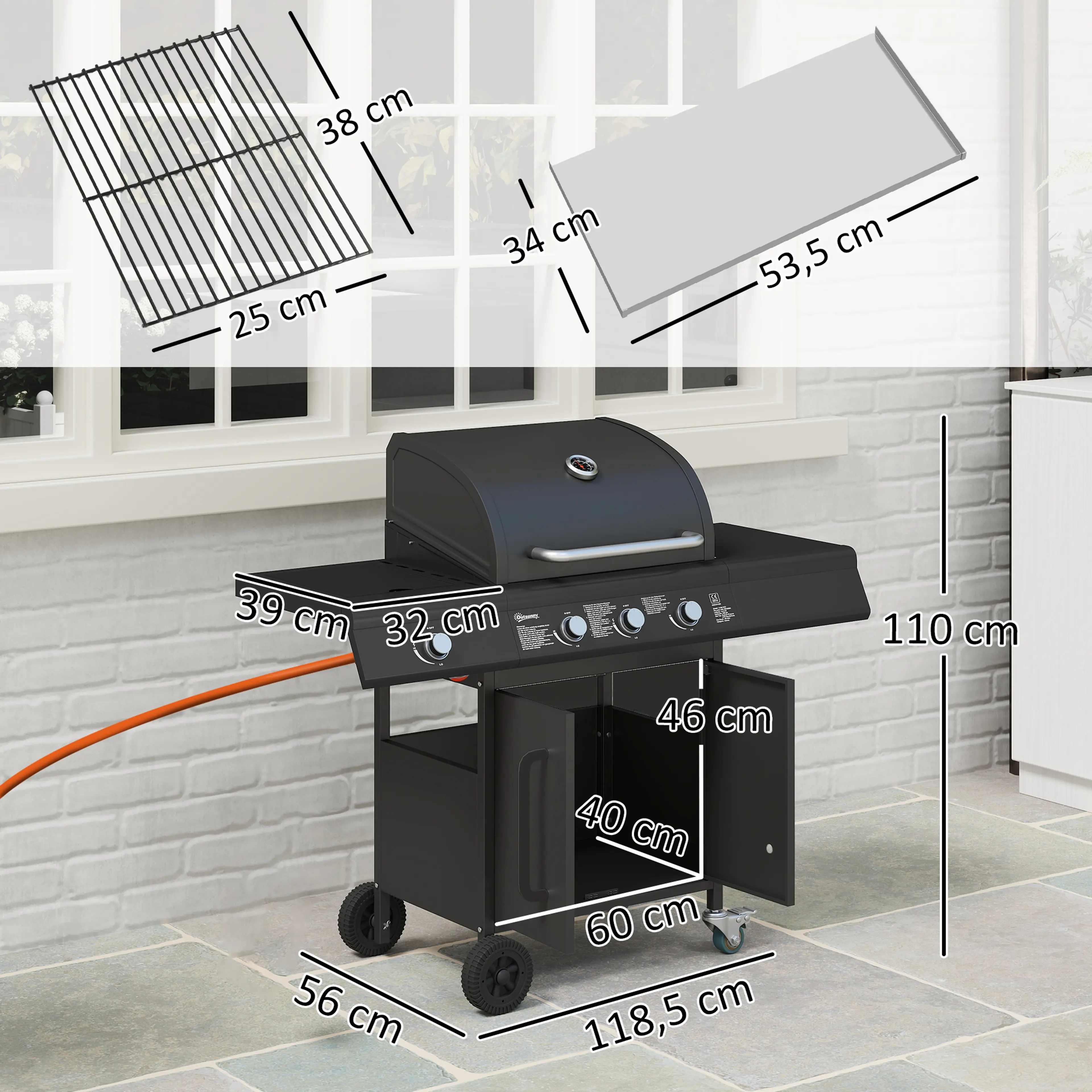 Måttritning: gasolgrill 118,5 × 56 × 110 cm med skåp 60 × 40 × 46 cm
