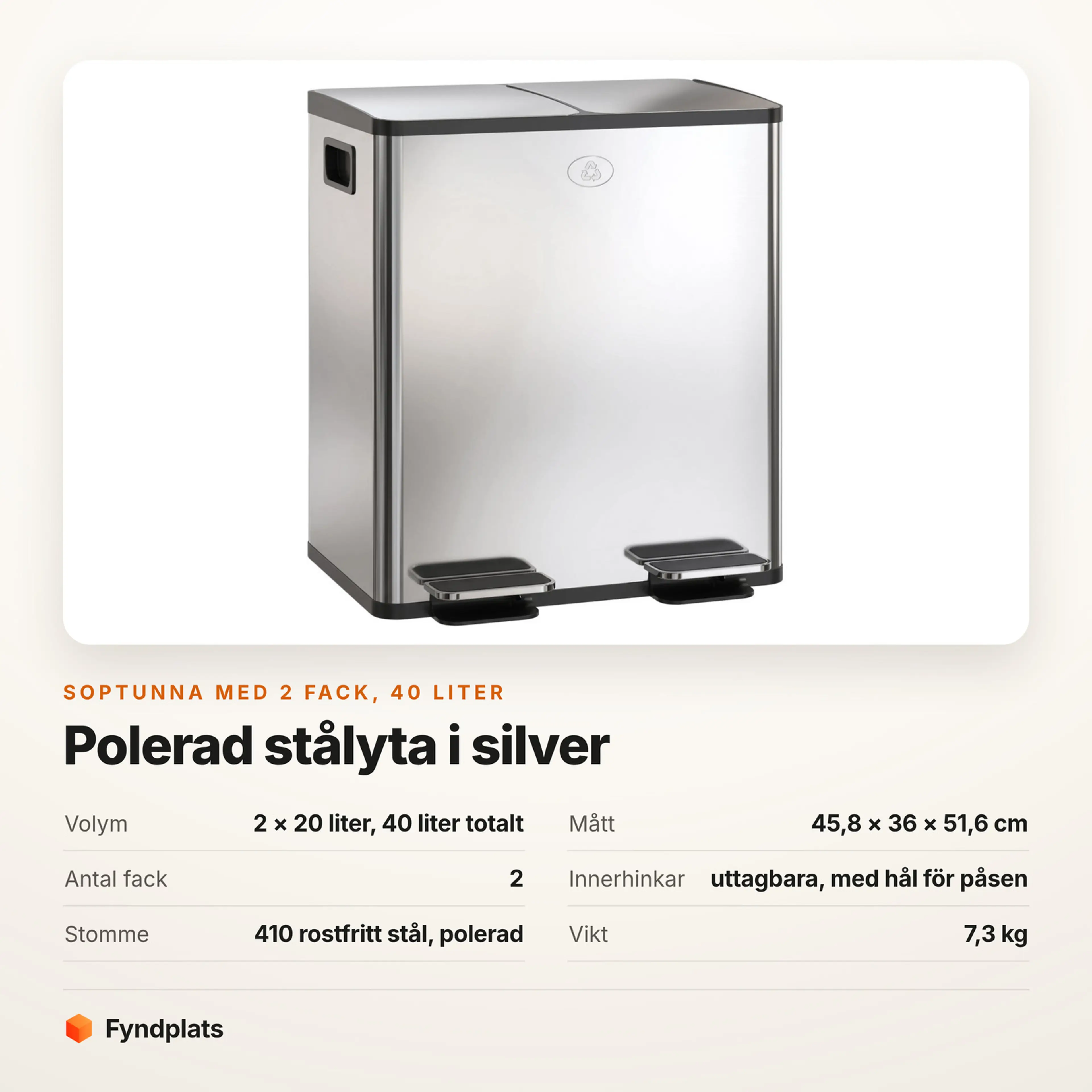 Faktakort: soptunna med två fack 40 liter i silver, mått, innerhinkar och stommens material