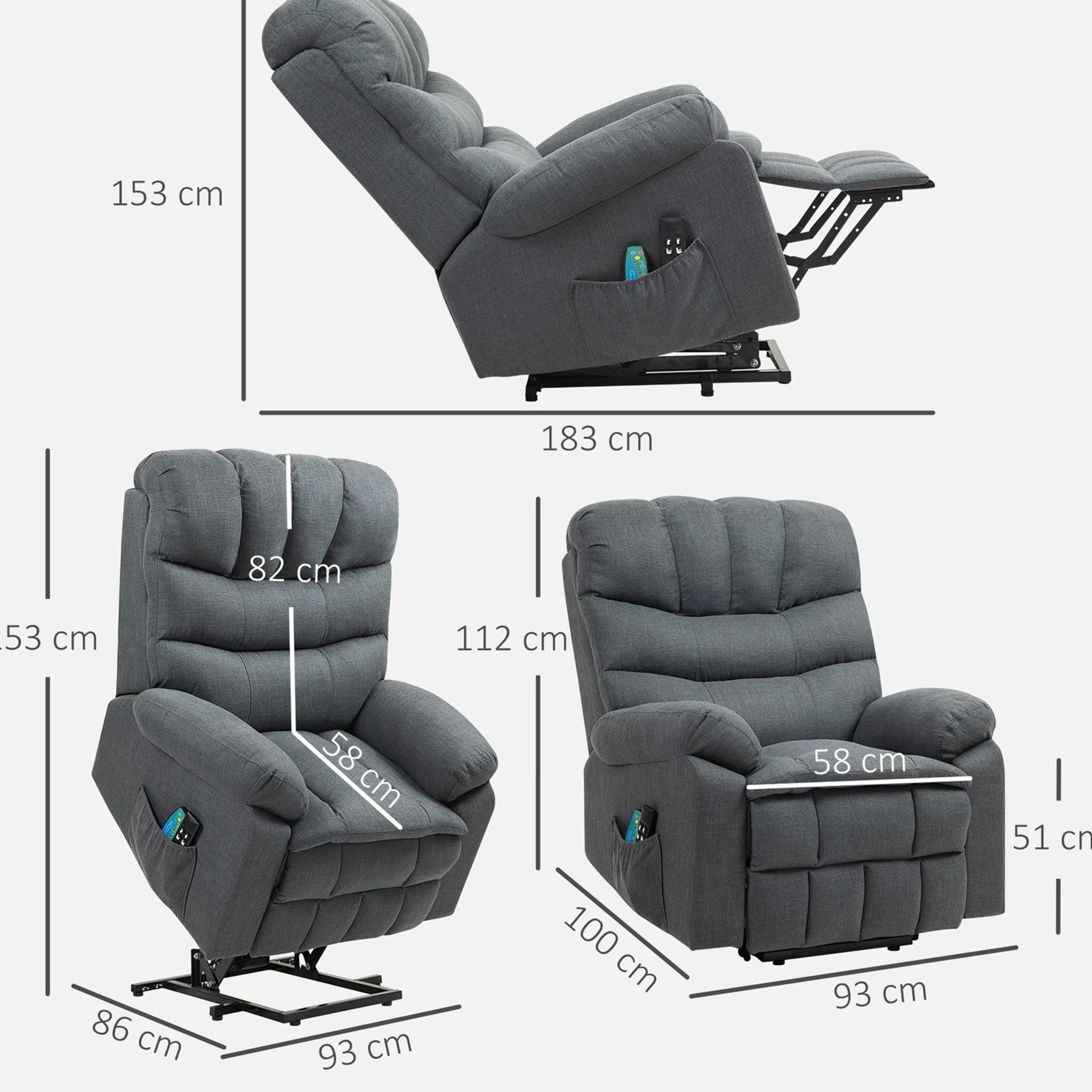 Måttritning: 93 × 100 × 112 cm, utfälld 183 cm och sitthöjd 51 cm