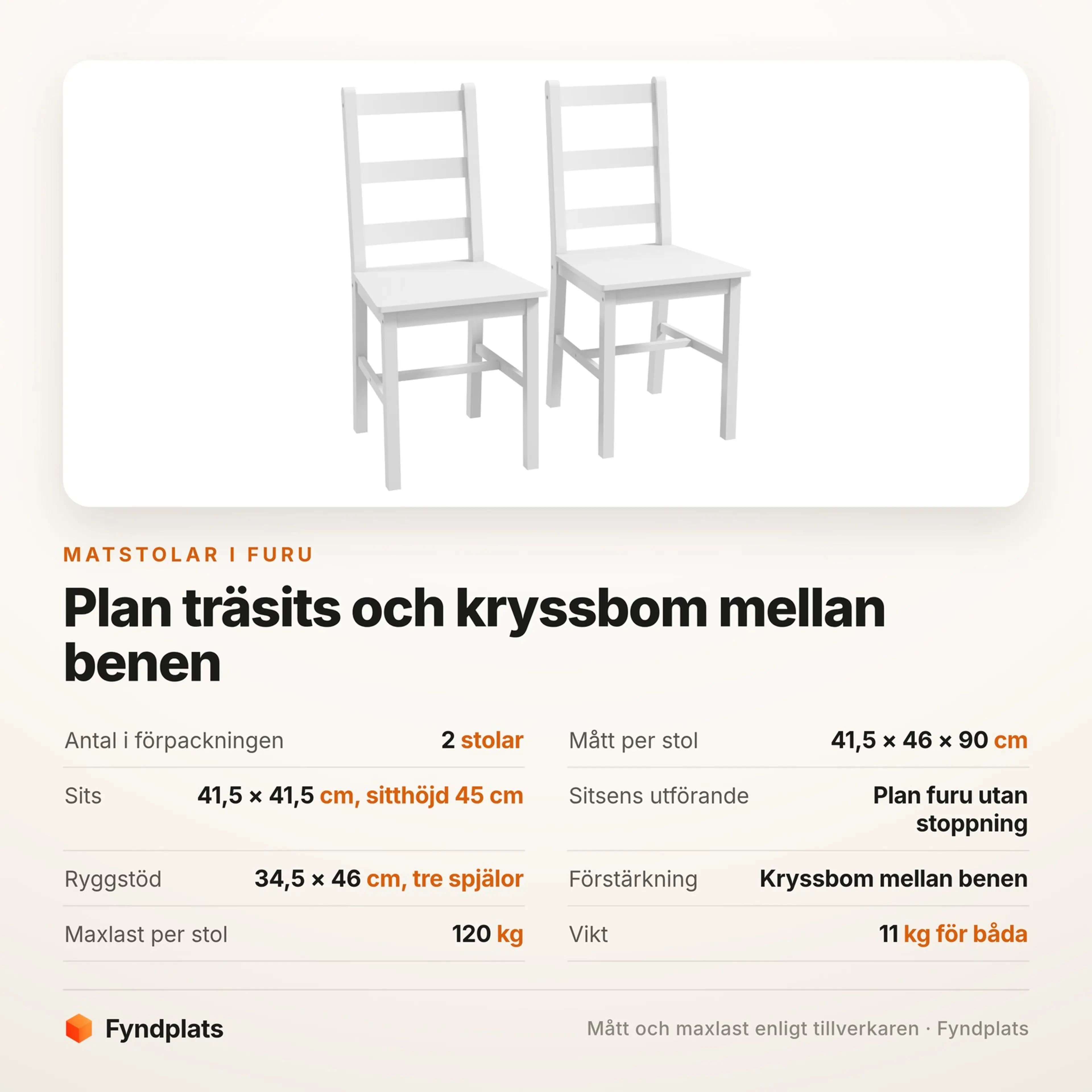 Spec-kort för matstolarna: 2 i förpackningen, plan furusits och 120 kg per stol