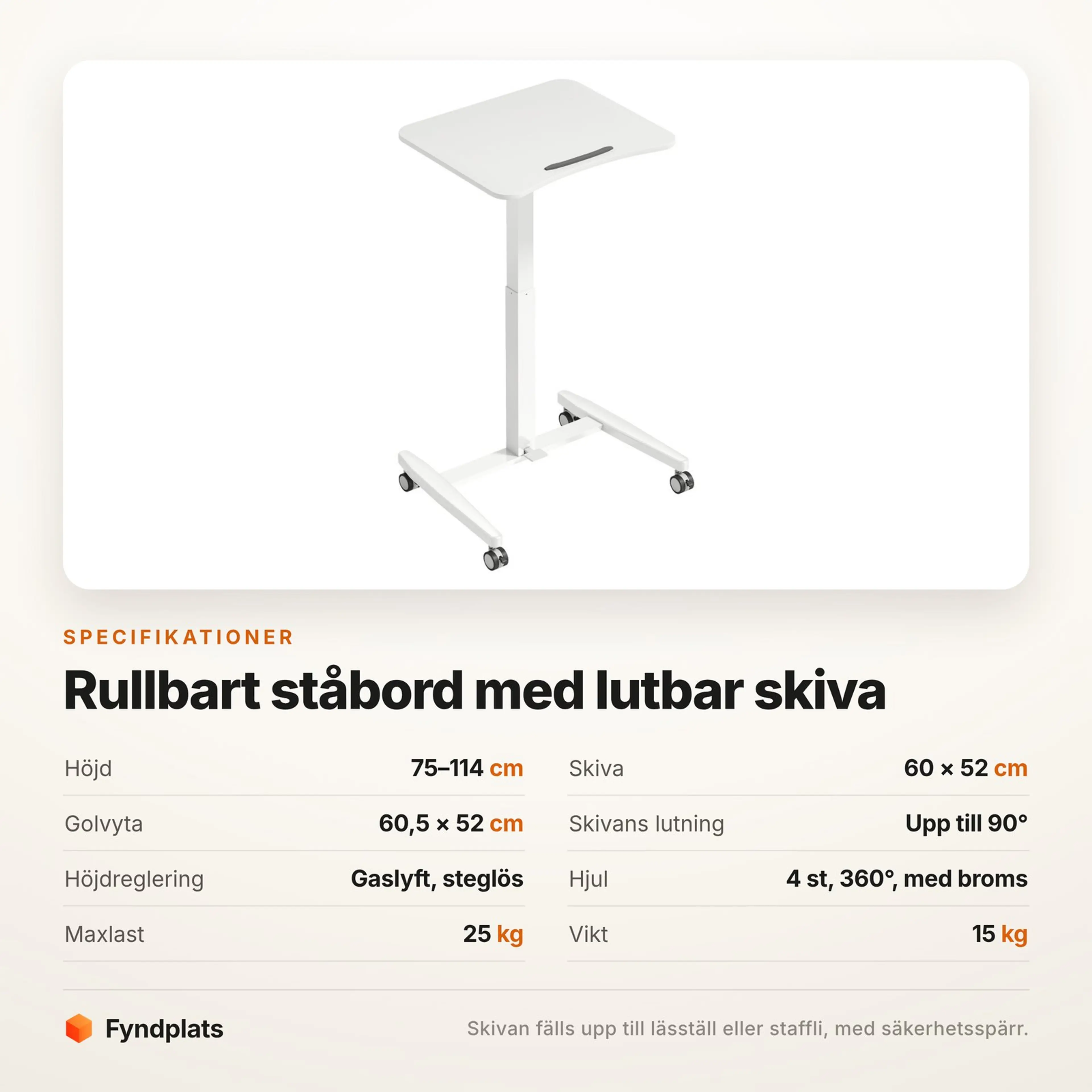 Fyndplats specifikationskort med bordets höjd, lutning och maxlast
