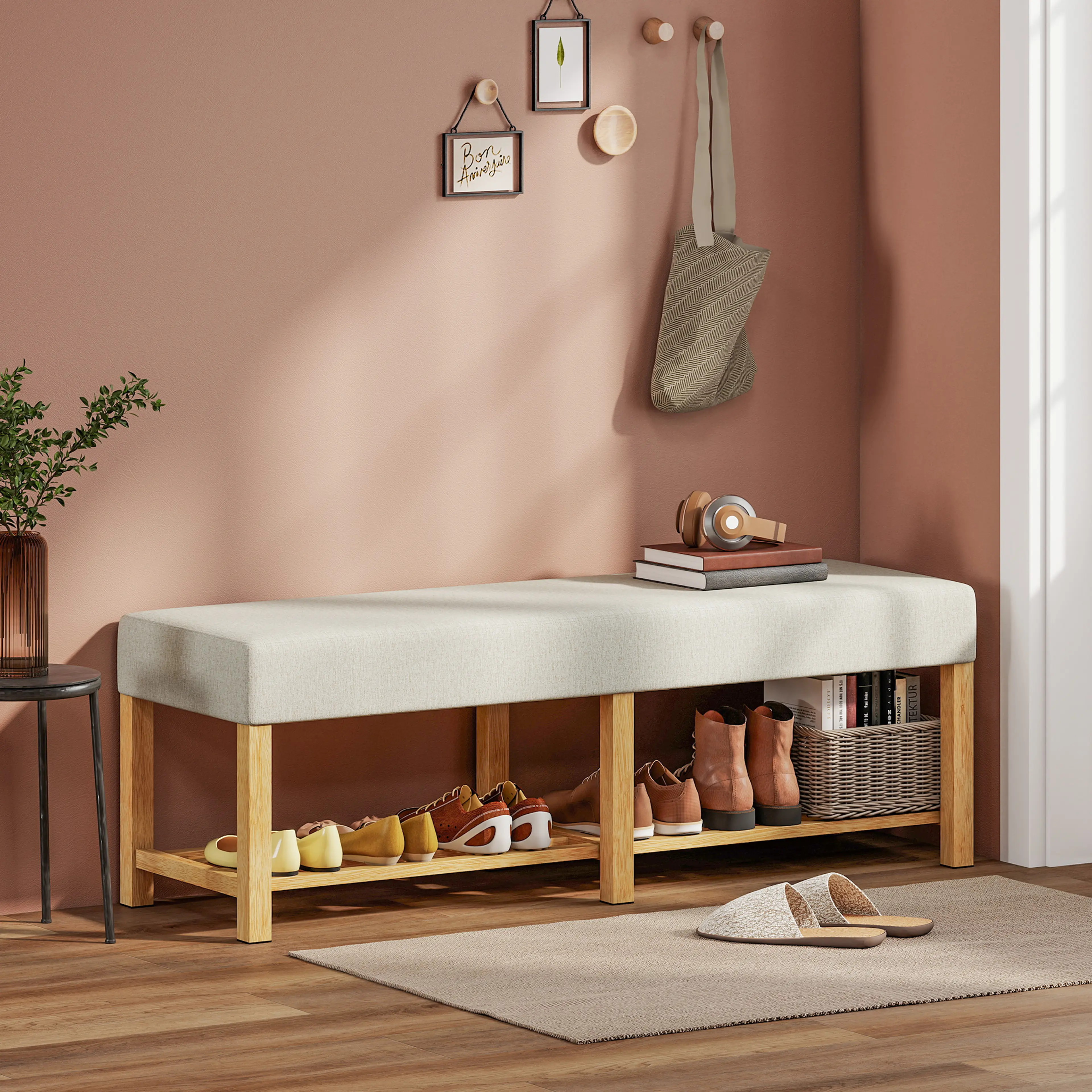 Skobänk 140 cm i massivträ med dyna – bild 2