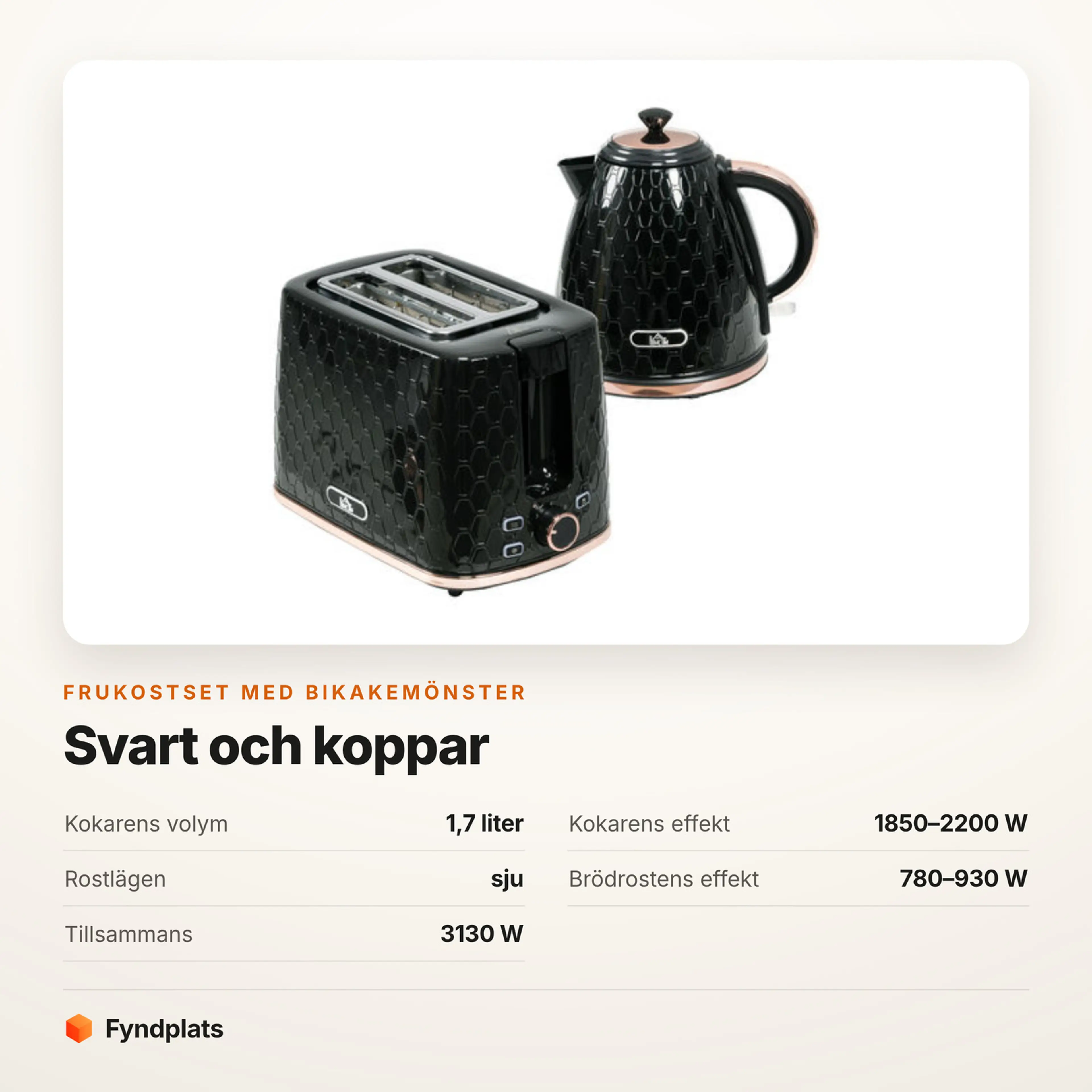 Specifikationer för frukostsetet: kokare 1,7 liter, 1850–2200 W, sju rostlägen och 3130 W tillsammans
