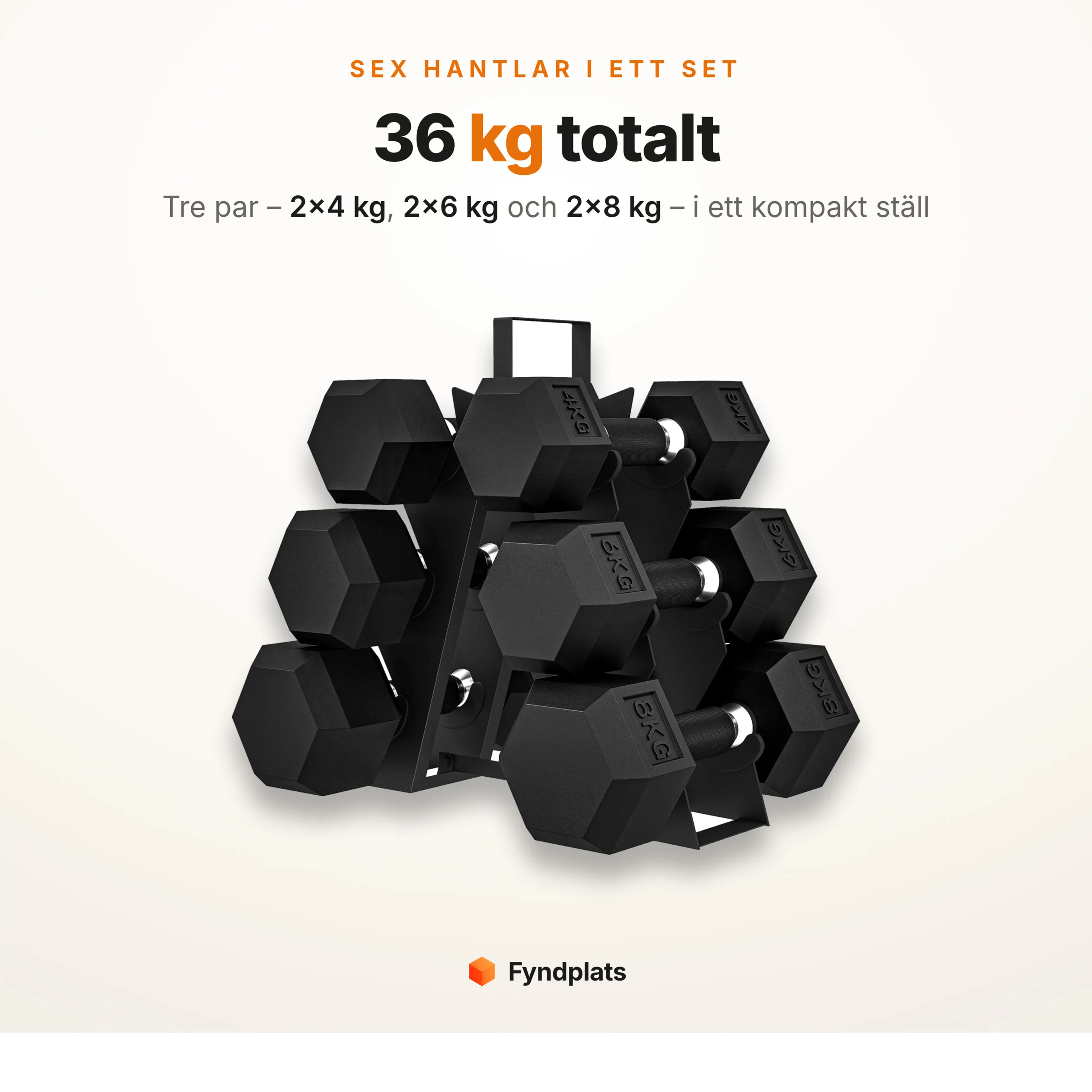 Hantelset 36 kg totalt – tre par hexhantlar på 2×4 kg, 2×6 kg och 2×8 kg i medföljande ställ