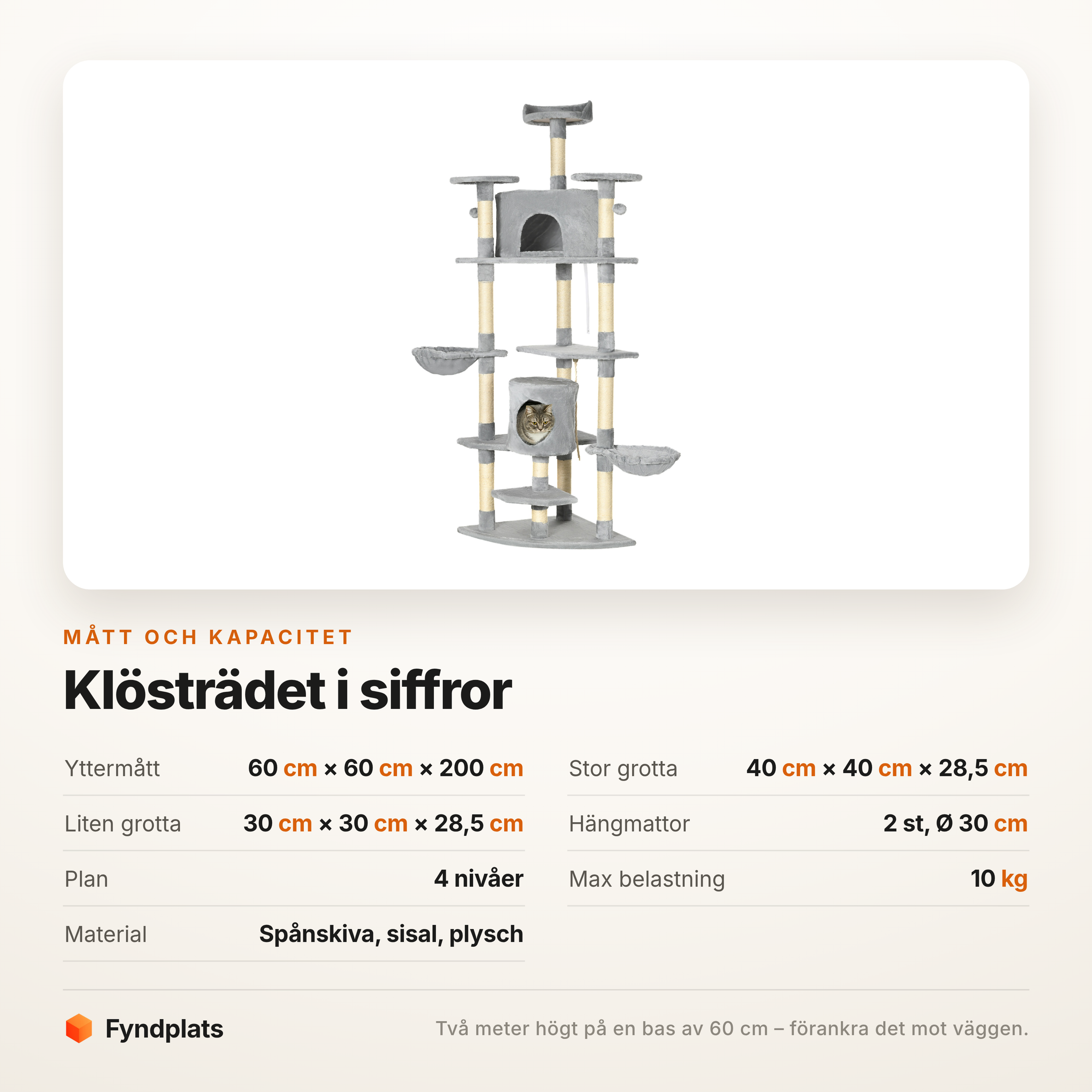 Specifikationstabell för klösträdet: mått, grottor, hängmattor och max 10 kg
