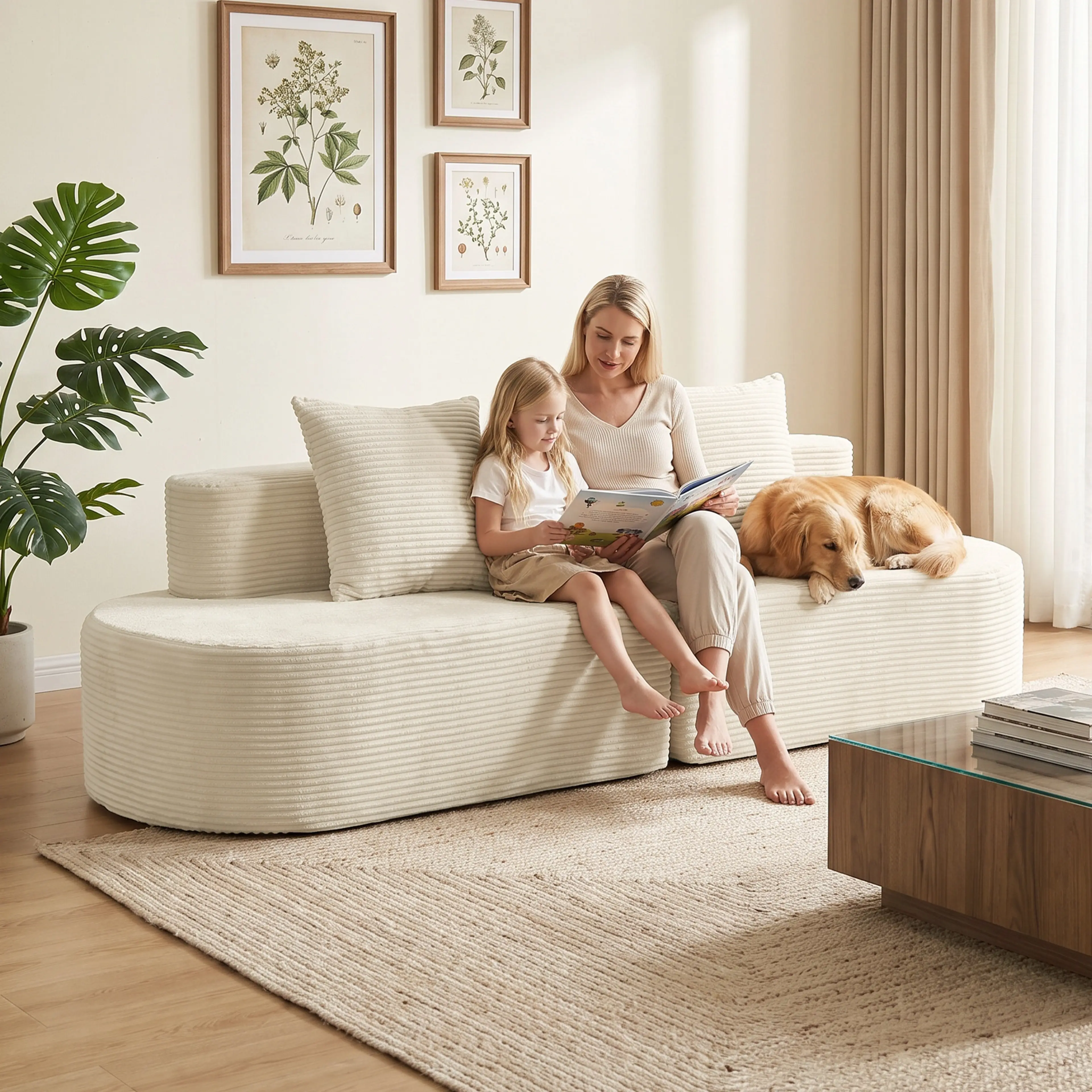 En kvinna och ett barn läser i soffan medan en hund ligger bredvid