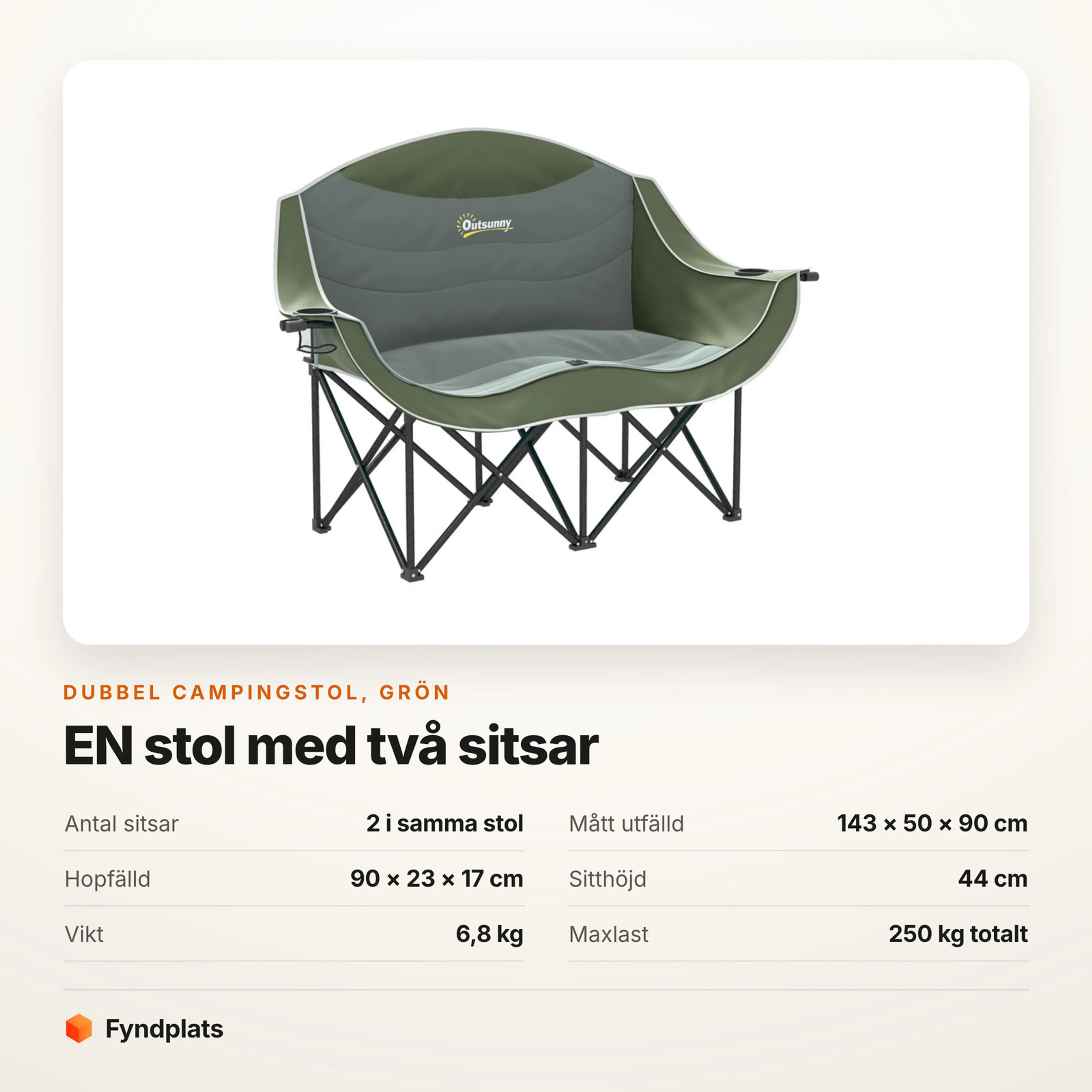 Faktakort: dubbel campingstol grön, bredd, sitthöjd och maxlast