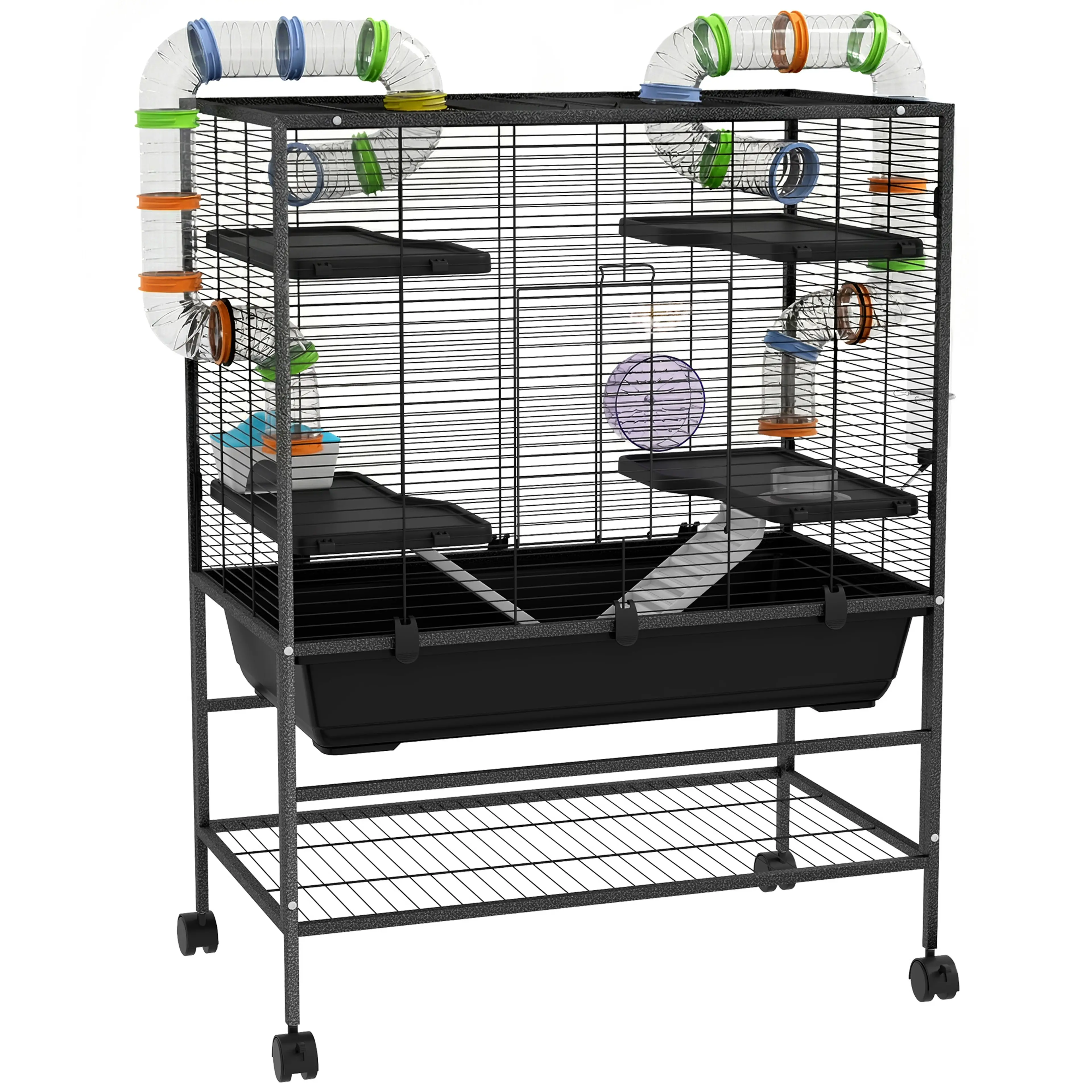 Hamsterbur på stativ 120 cm – rörsystem, fyra plan och hjul