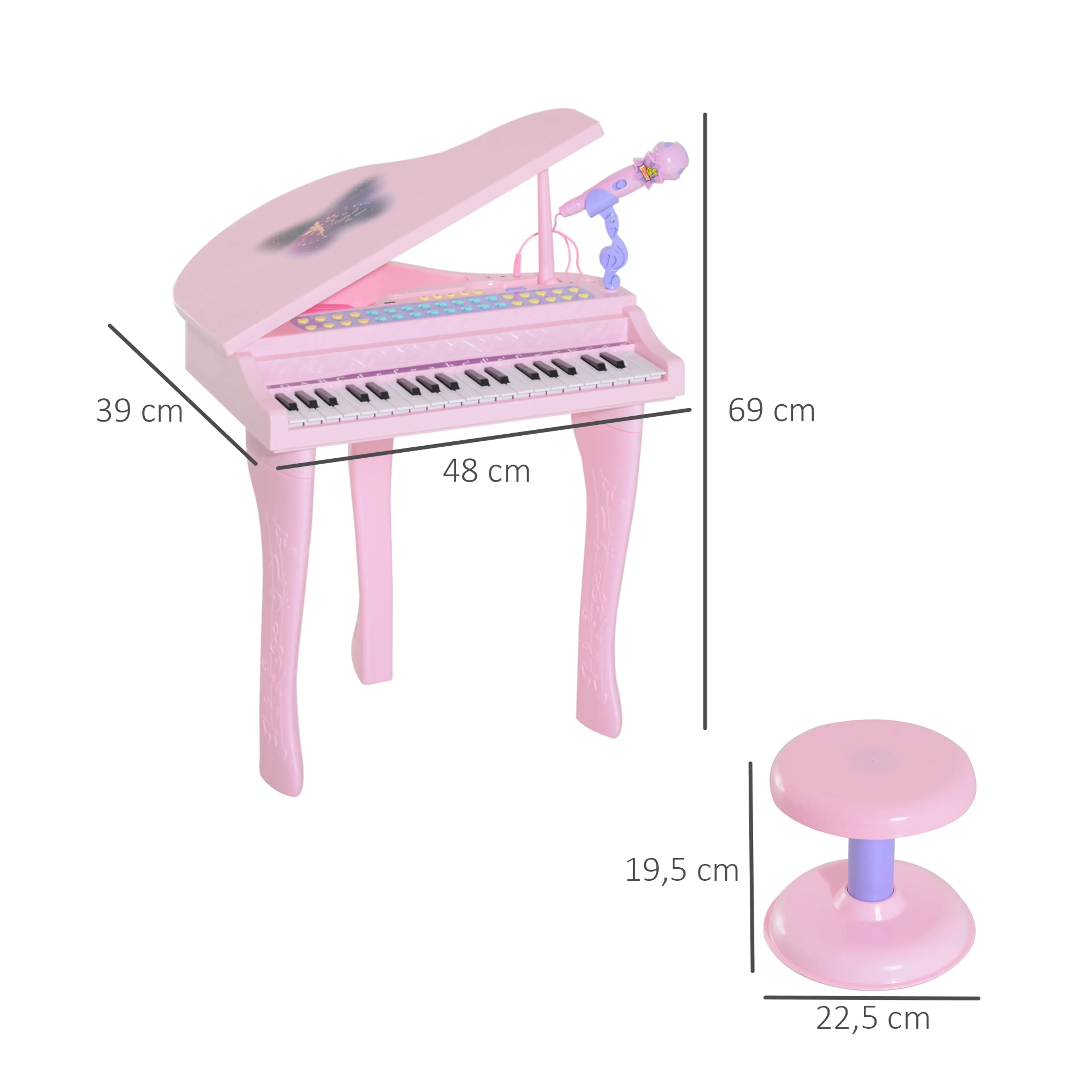 Måttbild: keyboardet är 48 × 39 × 69 cm och pallen Ø22,5 × 19,5 cm