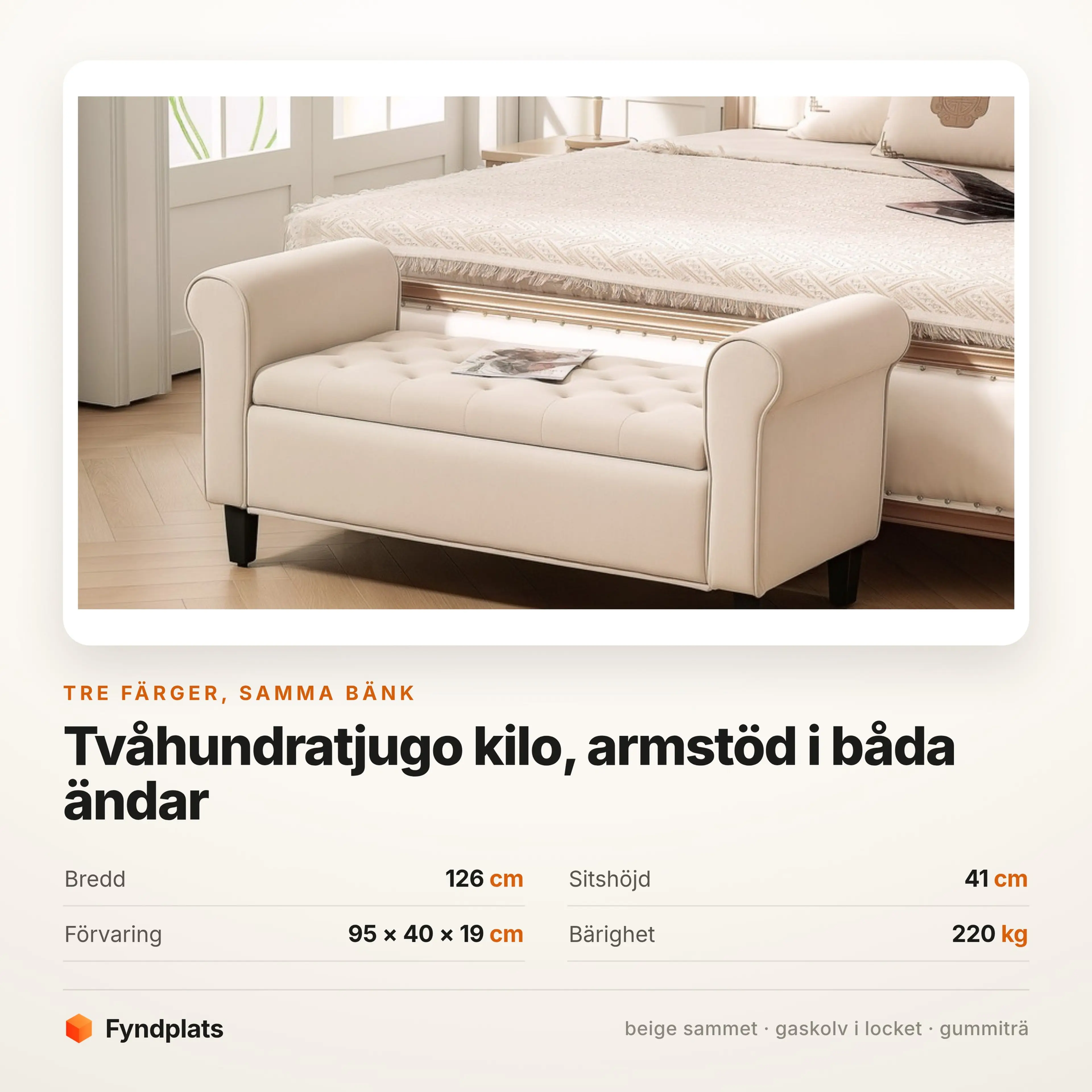 Sängbänk 126 cm med förvaring, beige – bild 3