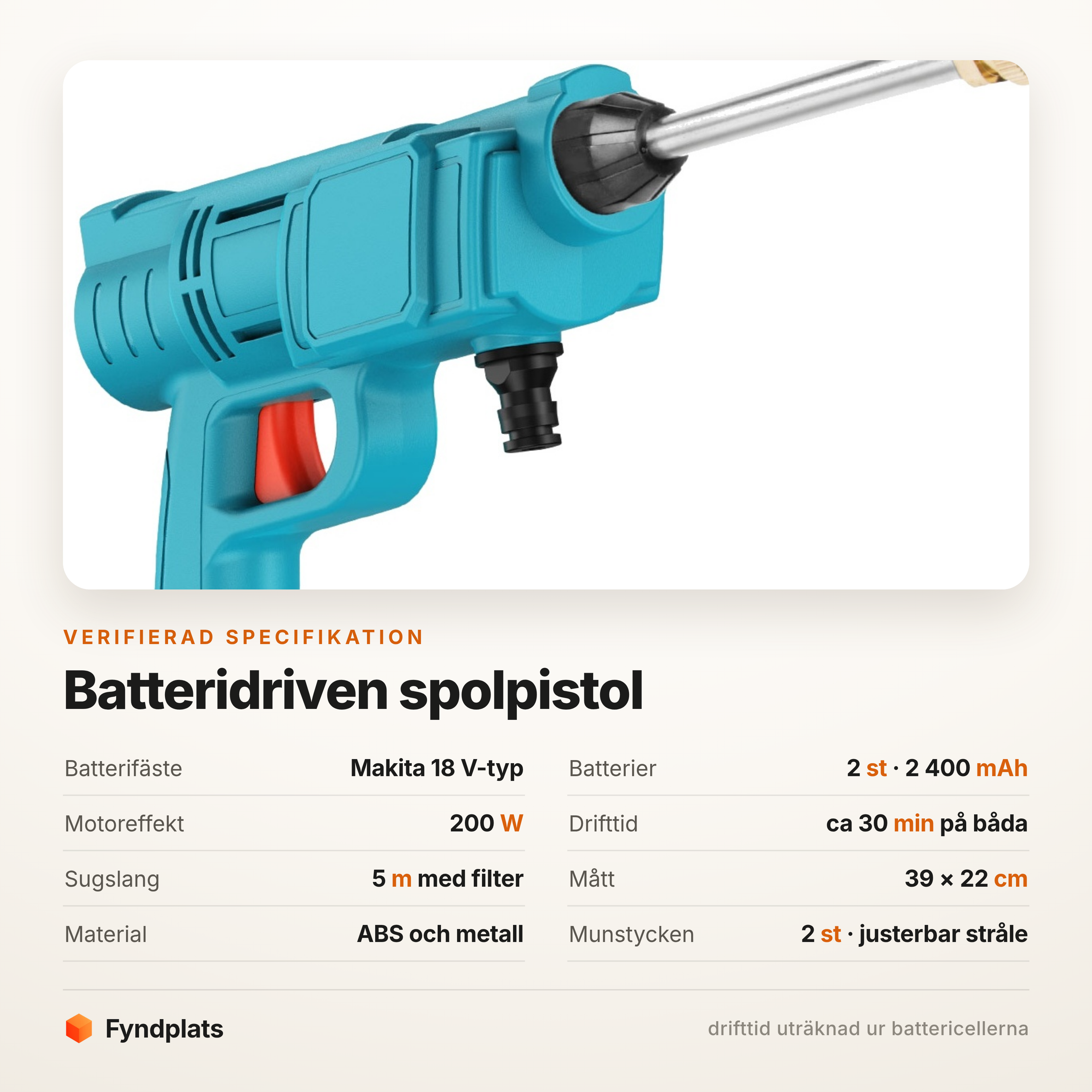 Specifikation: Makita 18 V-fäste, 200 W, 5 m sugslang och 39 × 22 cm