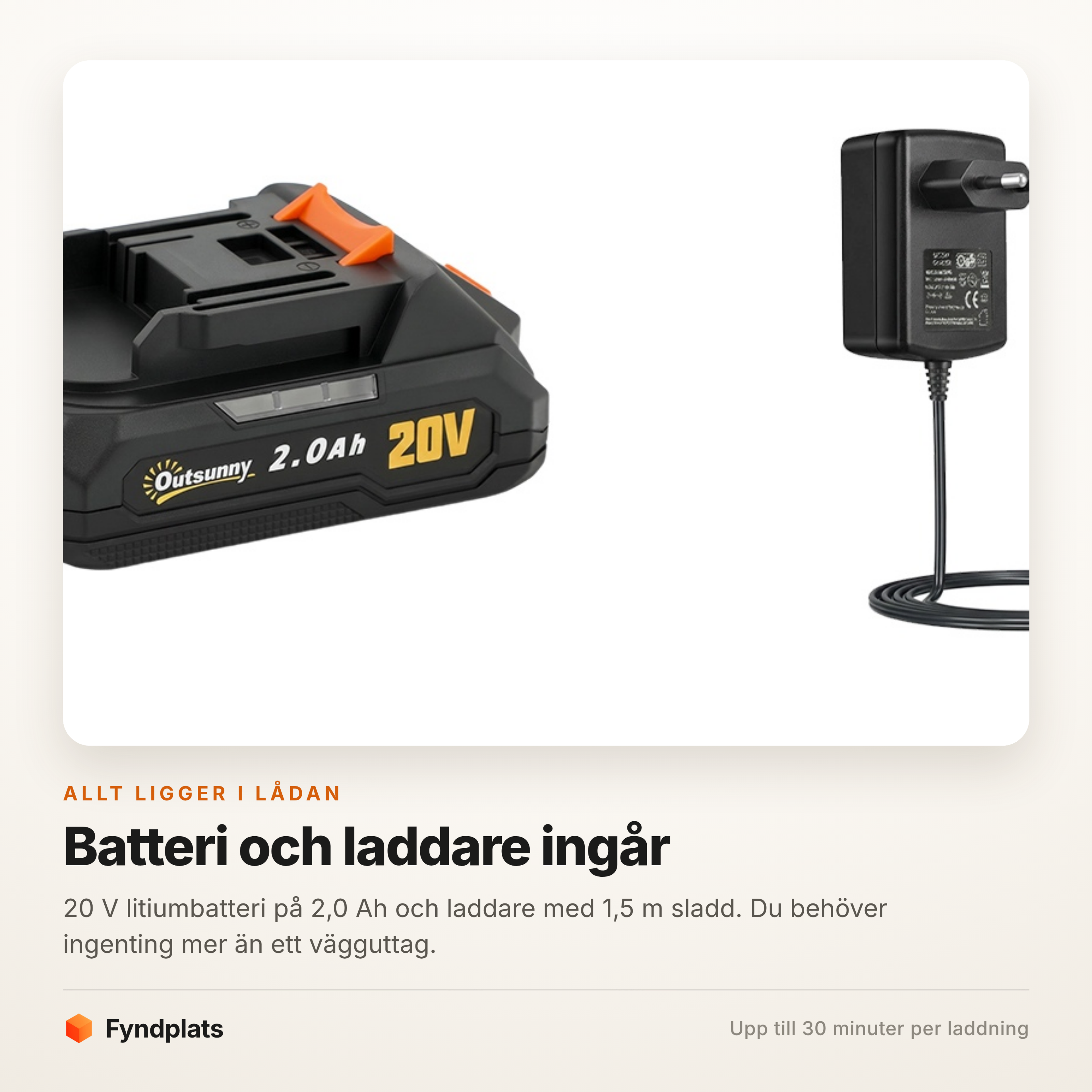 Fyndplats-kort: batteri på 20 V och laddare ingår i förpackningen