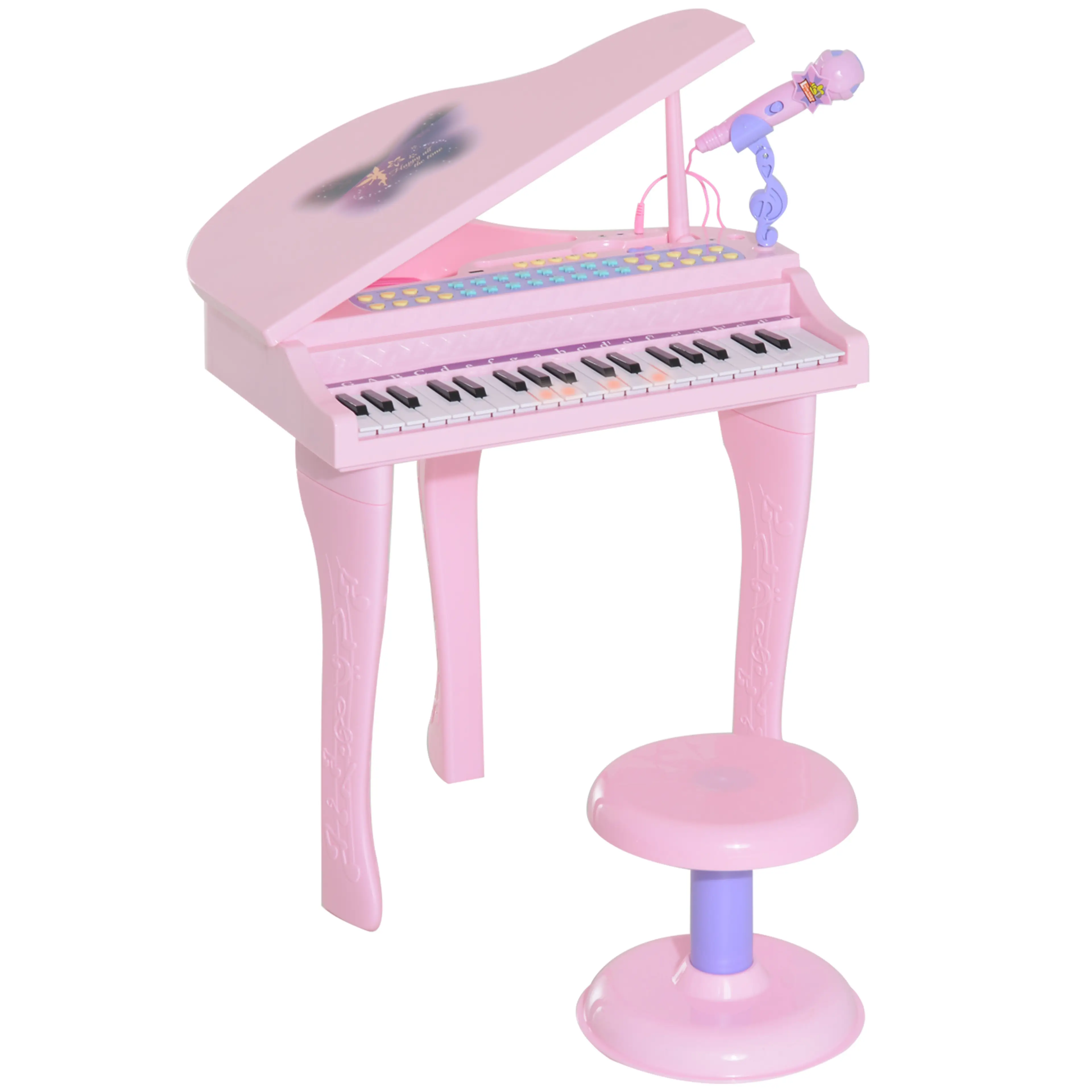 Rosa pianokeyboard för barn format som en flygel, med pall och mikrofon