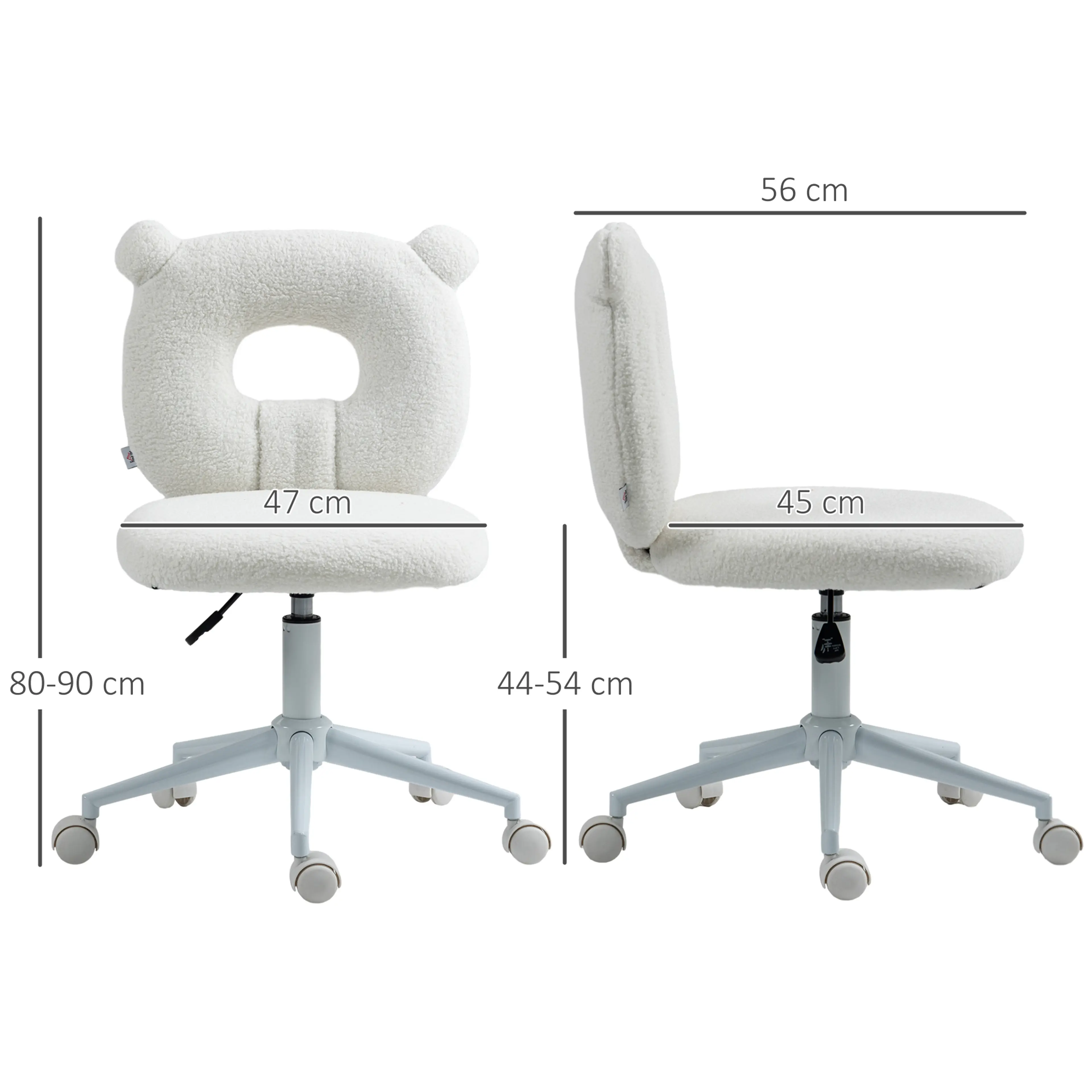 Måttskiss över stolen: sits 47 cm bred och 45 cm djup, sitthöjd 44–54 cm