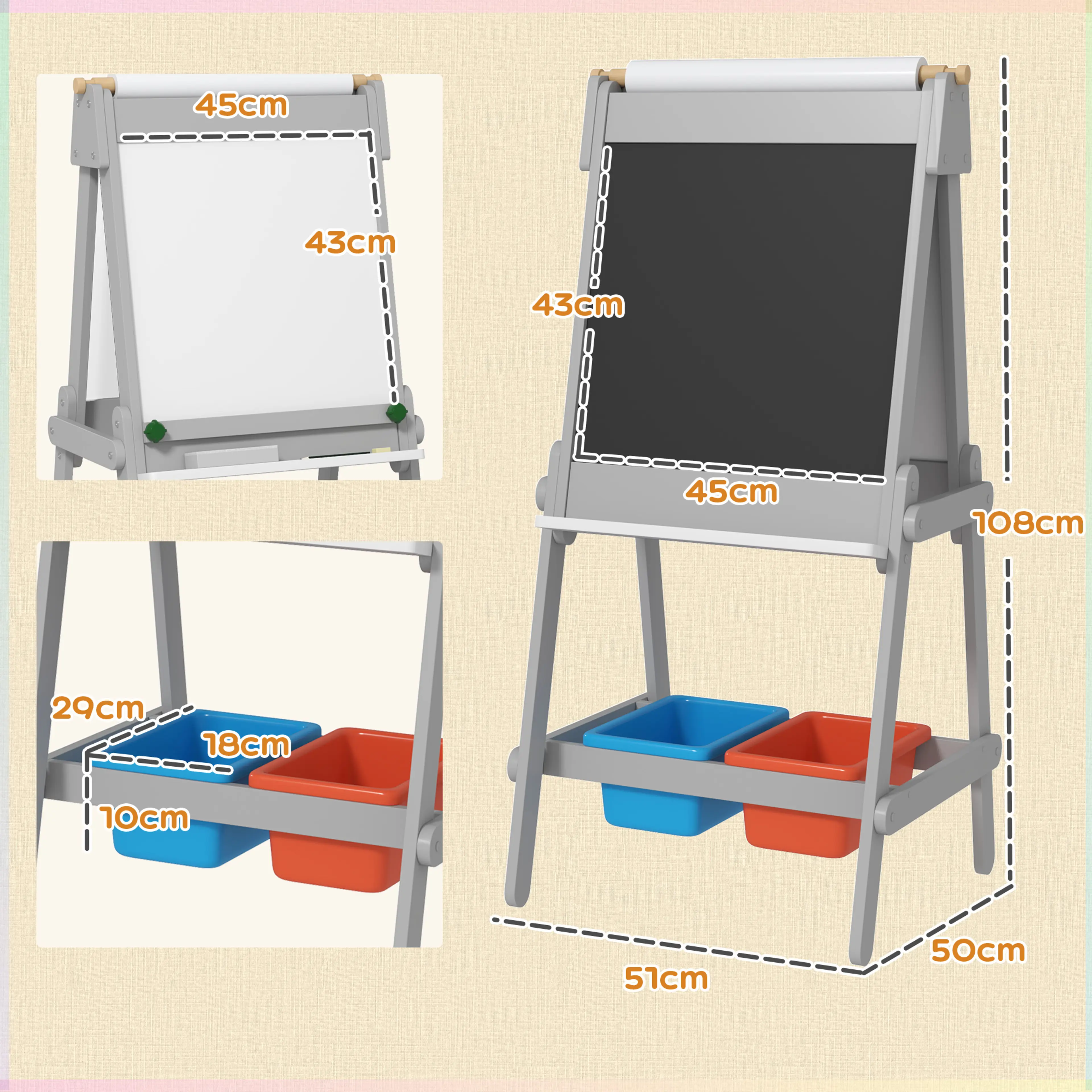 Måttbild: staffliet är 51 × 50 × 108 cm och tavlorna 45 × 43 cm