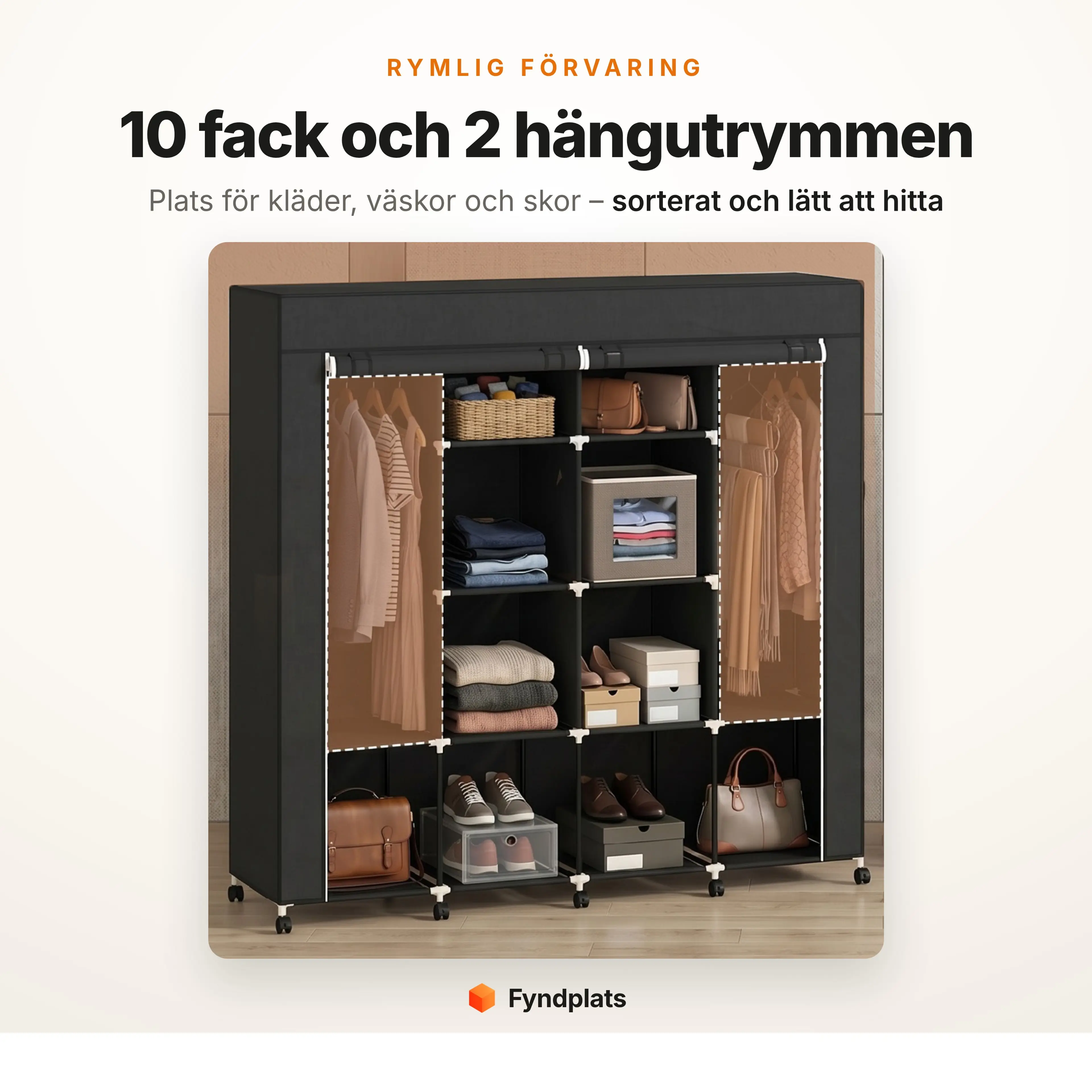 Tyggarderob med 10 förvaringsfack och 2 hängutrymmen för kläder, väskor och skor