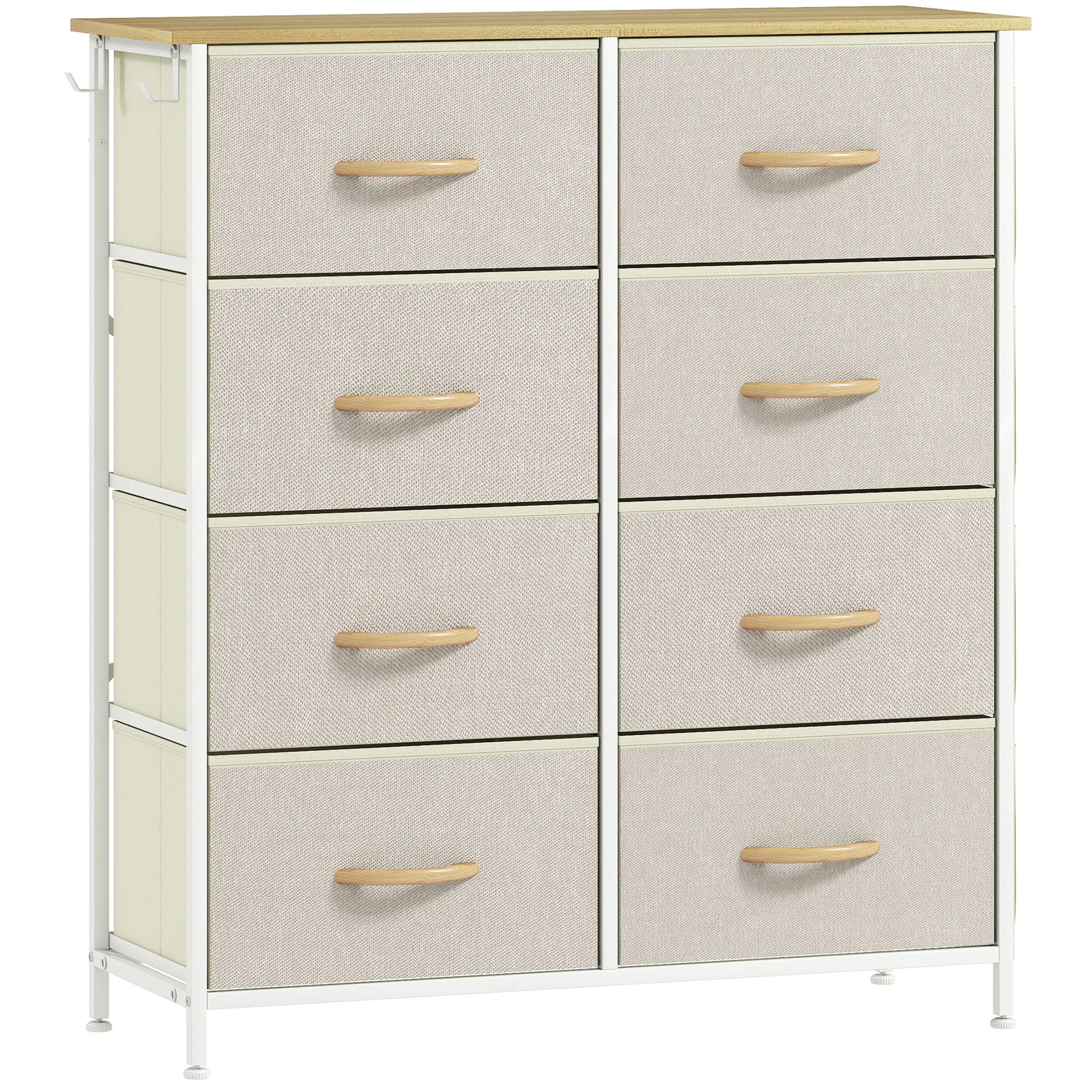 Byrå med åtta beige tyglådor och skiva i ljust trä, mot vit bakgrund